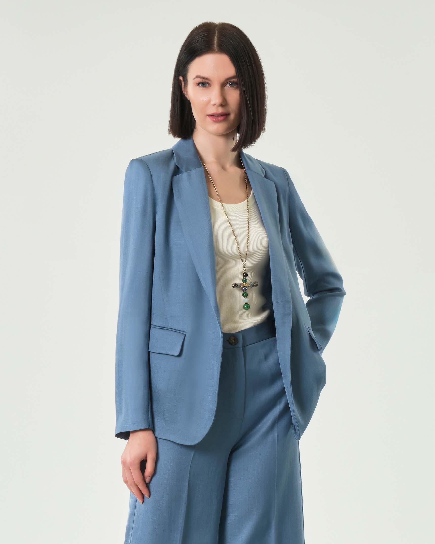 Giacca color avio monopetto in twill di misto lino