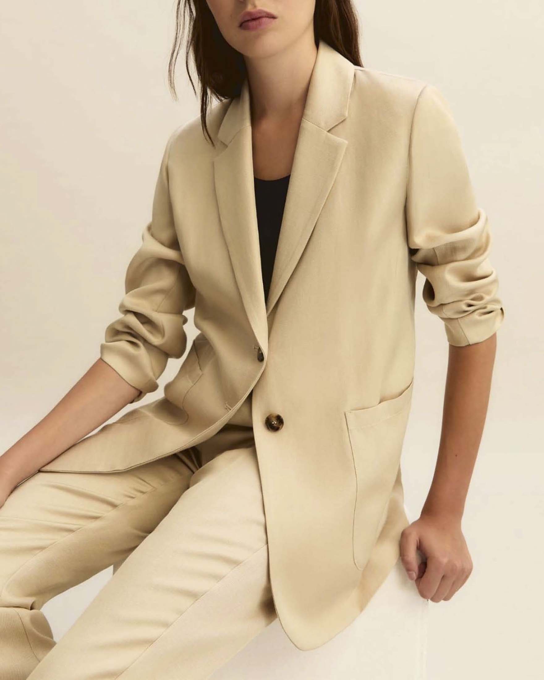 Giacca beige monopetto in twill di misto lino