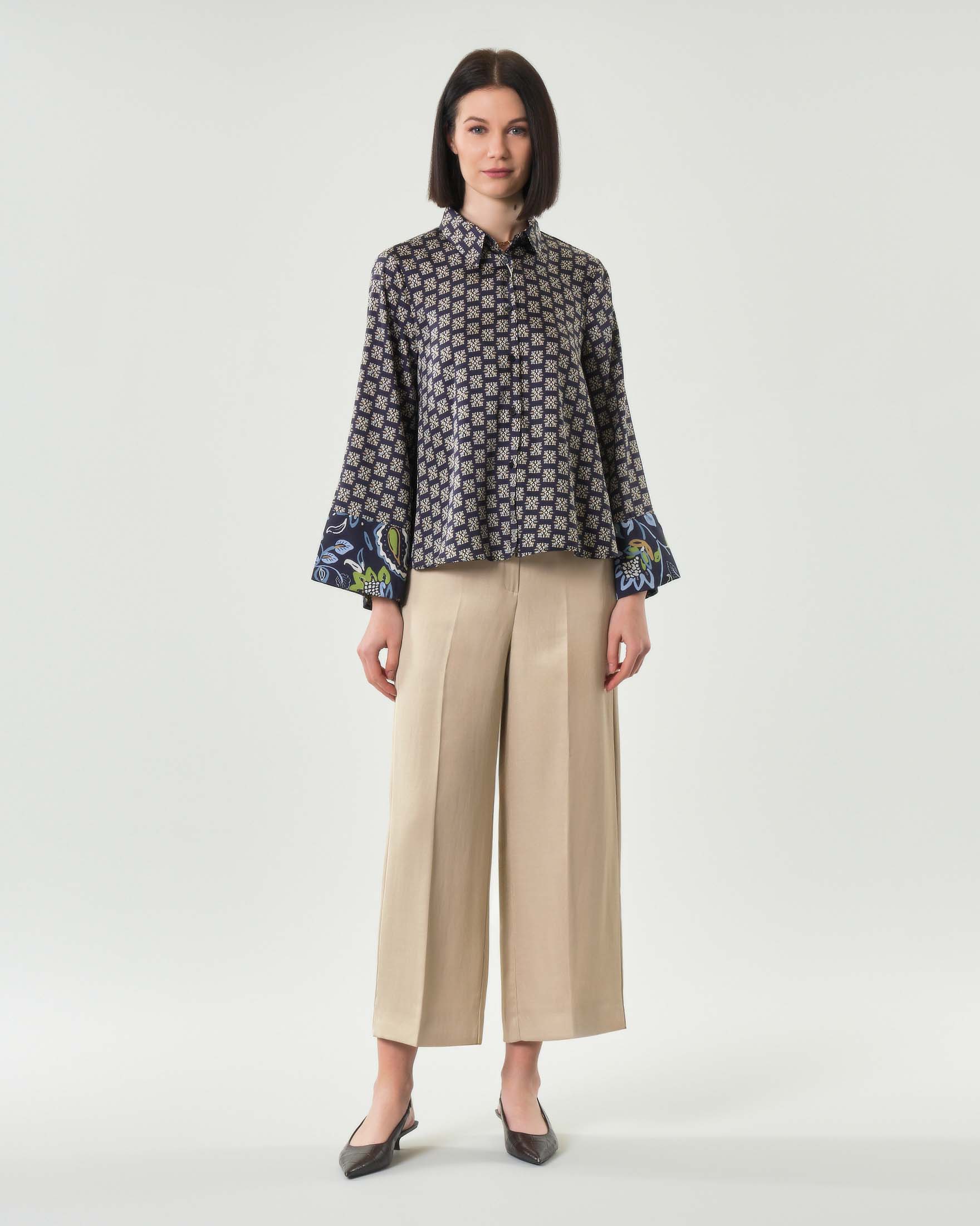 Pantaloni dritti beige in lino e viscosa