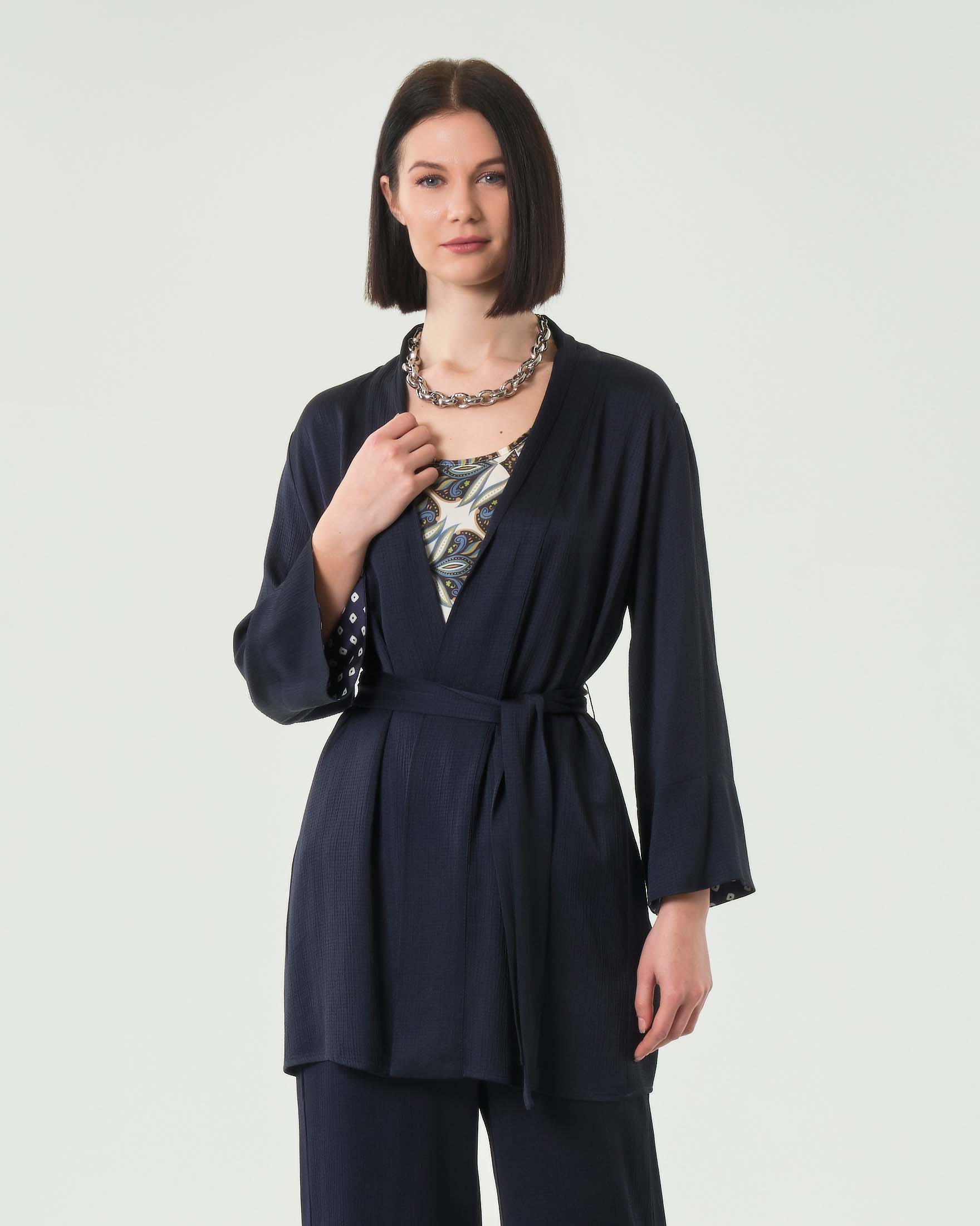 Giacca a kimono blu in misto viscosa con cintura