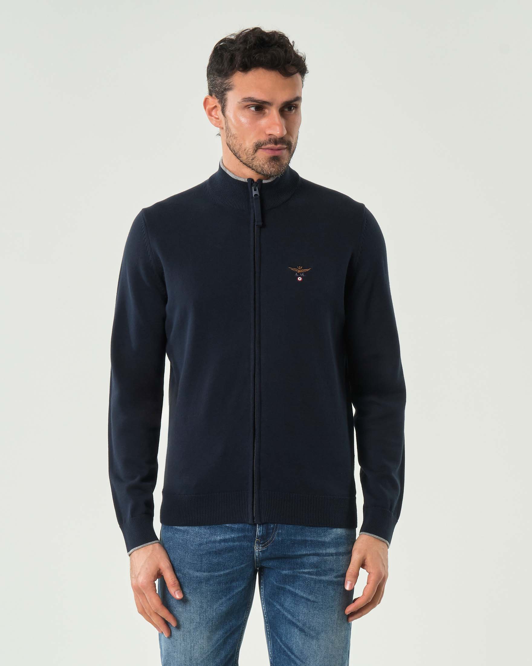 Maglia Aeronautica Militare blu in puro cotone con bordino e apertura zip