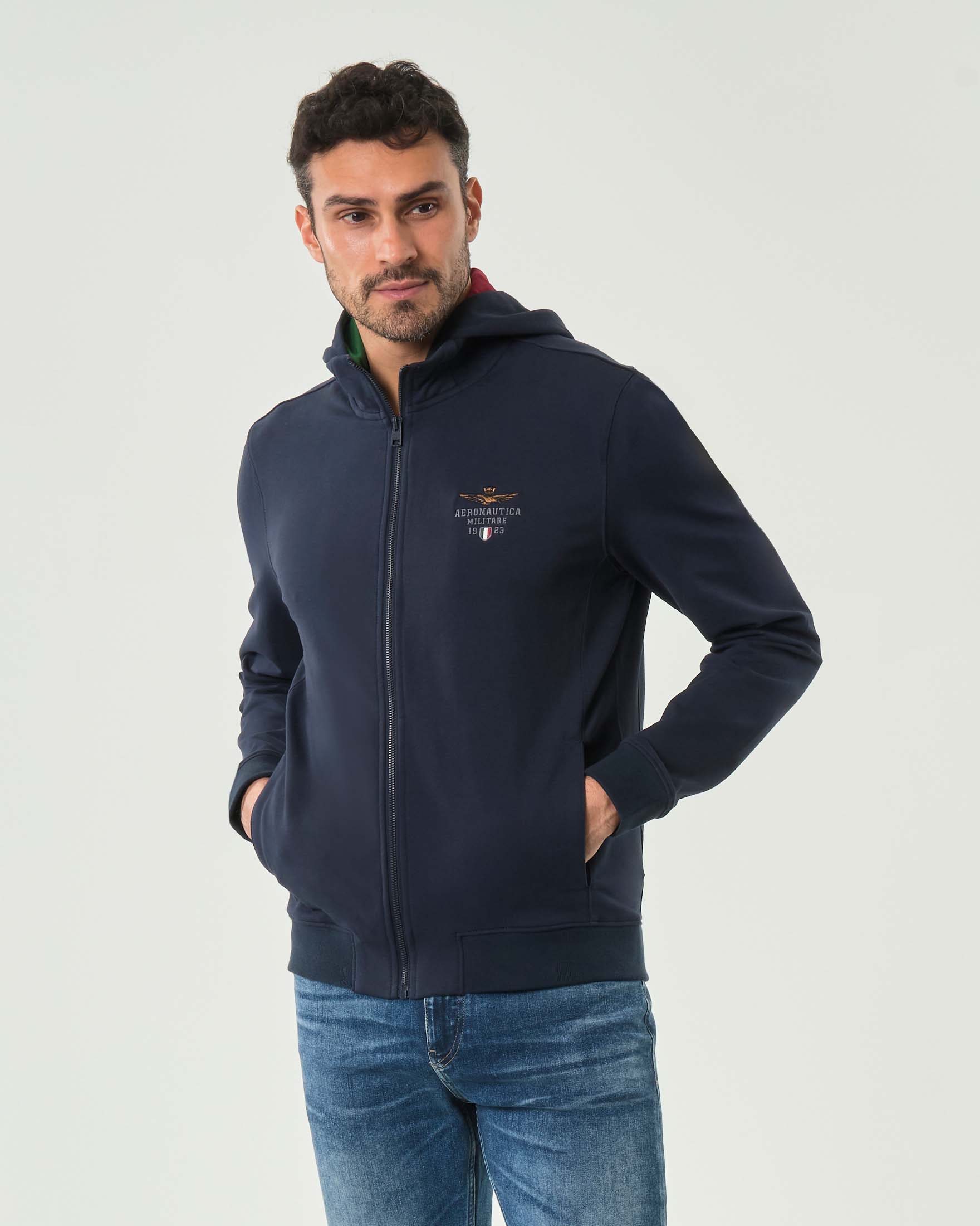 Felpa blu in cotone stretch con cappuccio staccabile chiusura zip e ricamo Frecce Tricolori