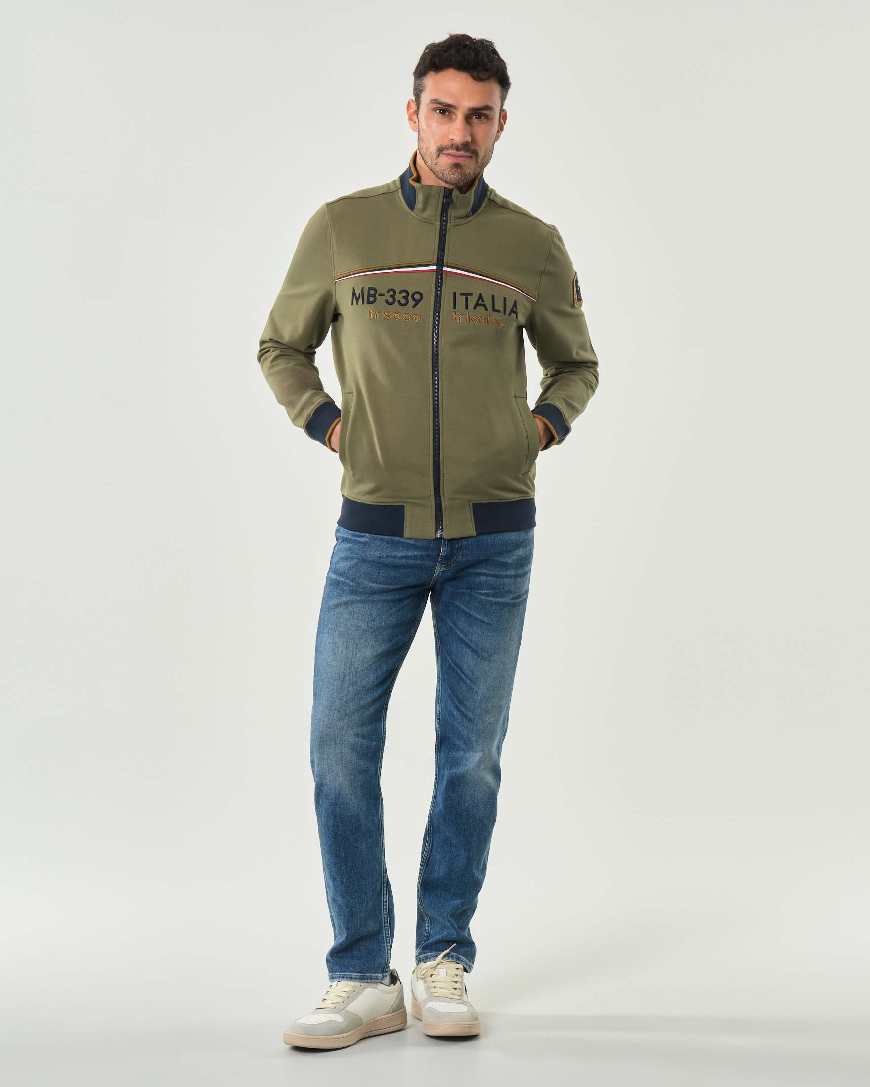 Felpa Aeronautica Militare verde militare in cotone stretch con chiusura zip image