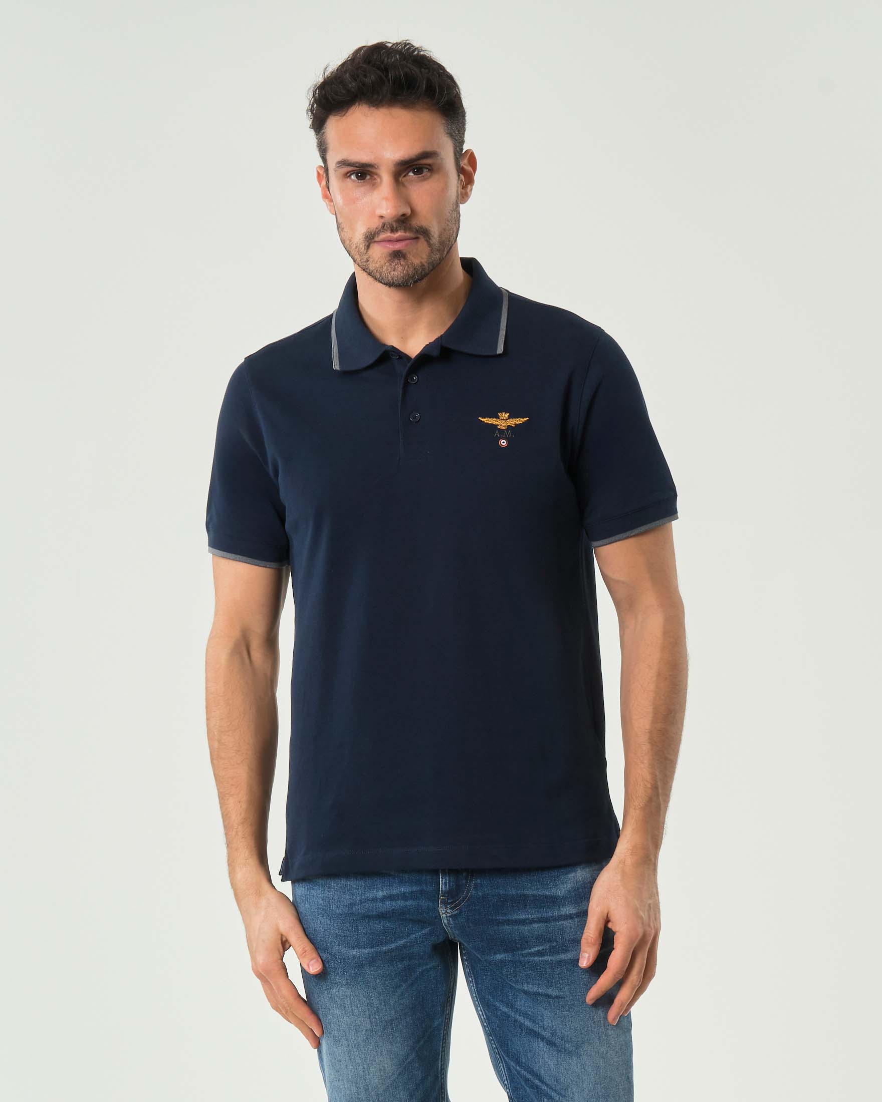 Polo blu in piqué di puro cotone con bordino grigio e logo ricamato al petto