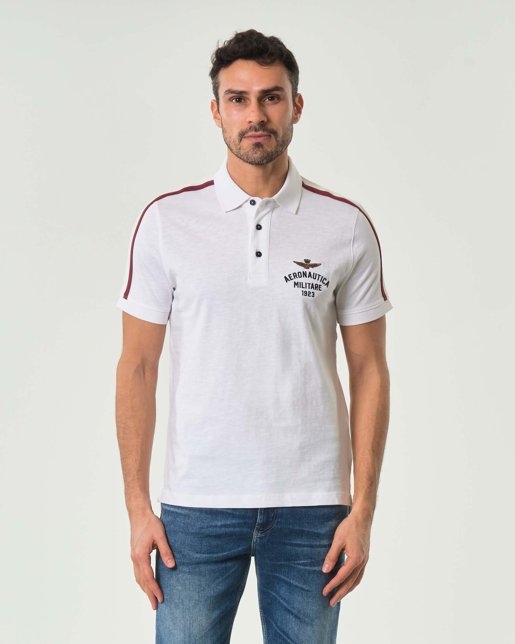 Polo mezza manica bianca in cotone fiammato con bande tricolore