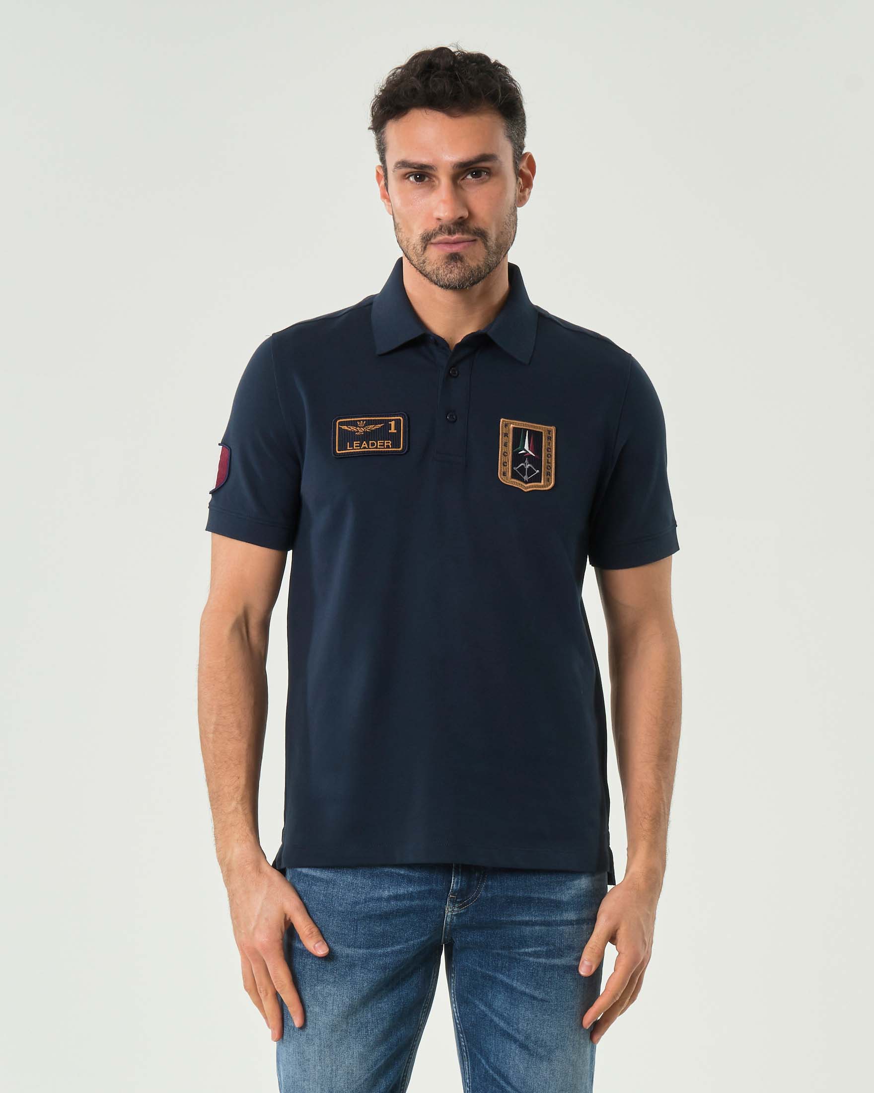 Aeronautica Militare — Polo Aeronautica Militare blu in piqué di cotone stretch con patch Frecce Tricolori e scudetto