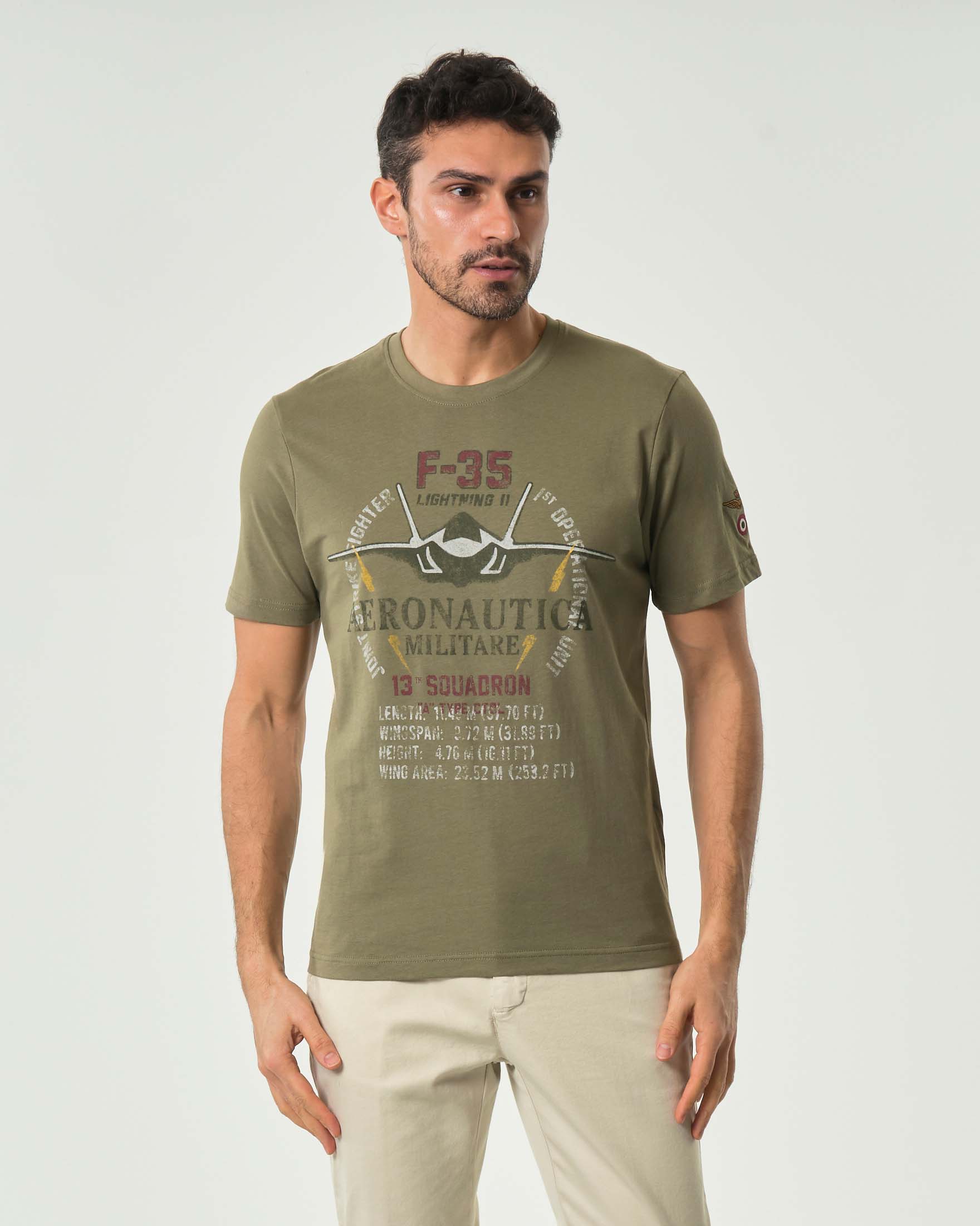 T-shirt verde militare mezza manica con stampa F-35