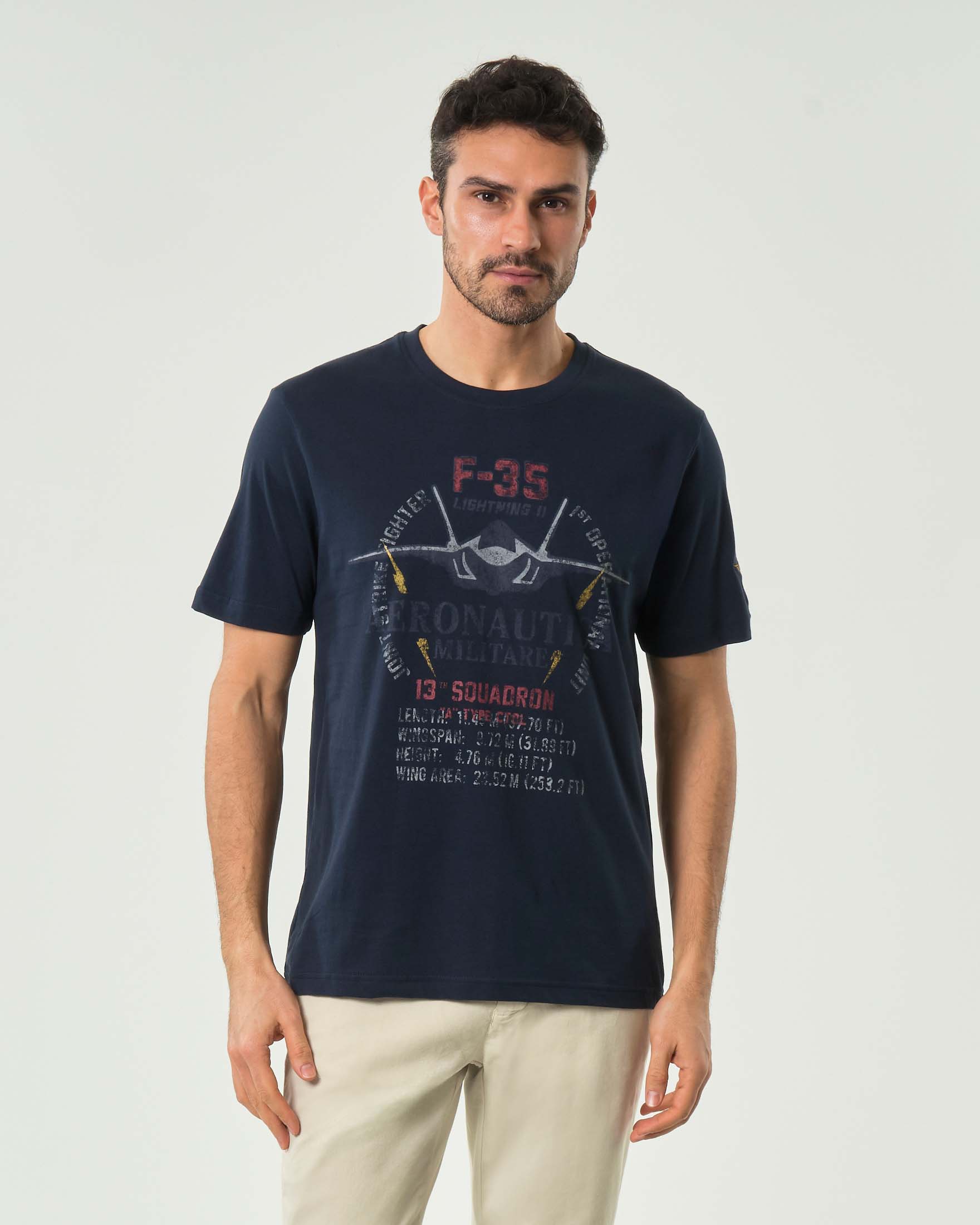 T-shirt blu mezza manica con stampa F-35