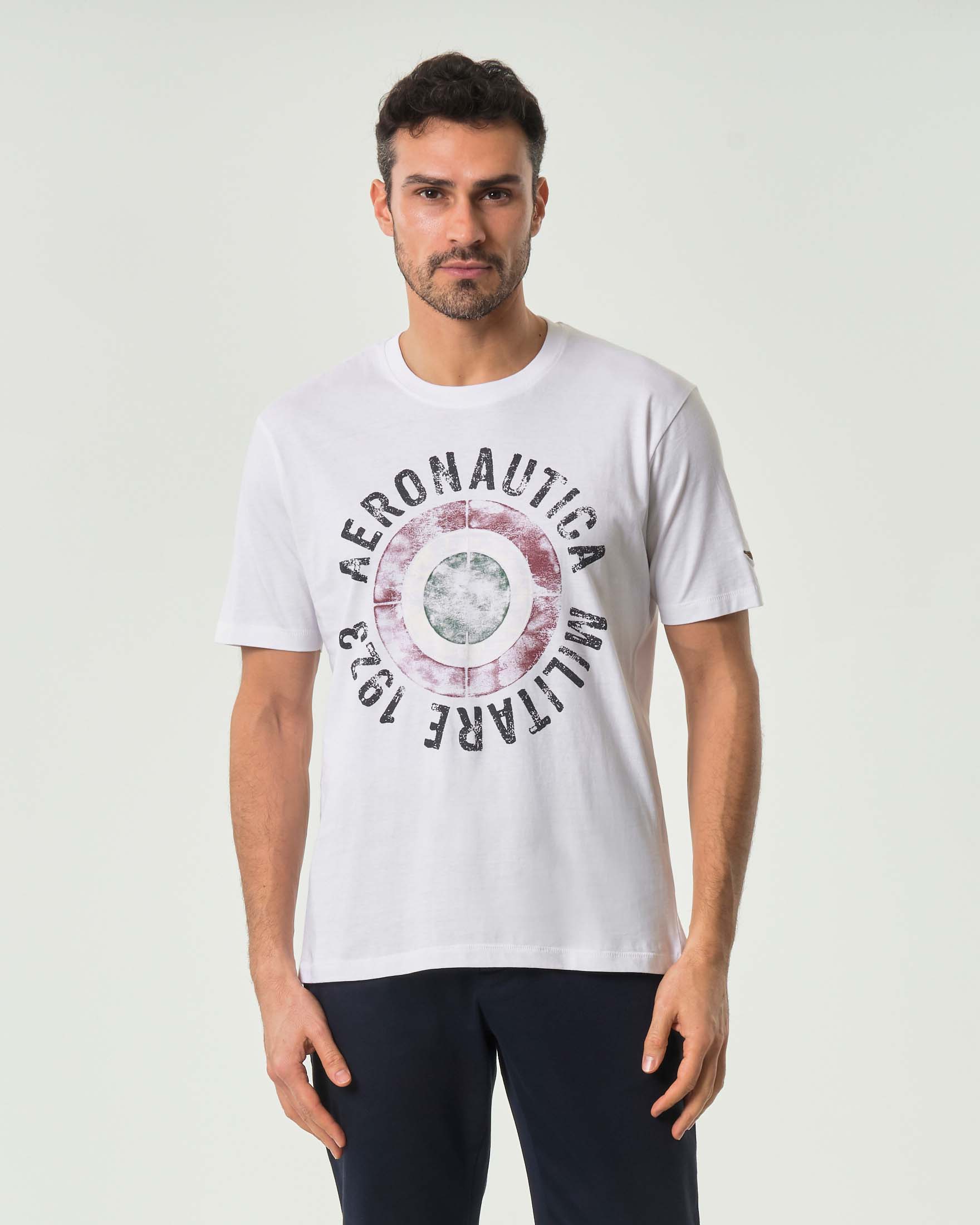 T-shirt bianca mezza manica Aeronautica Militare con maxi stampa coccarda e scritta logo