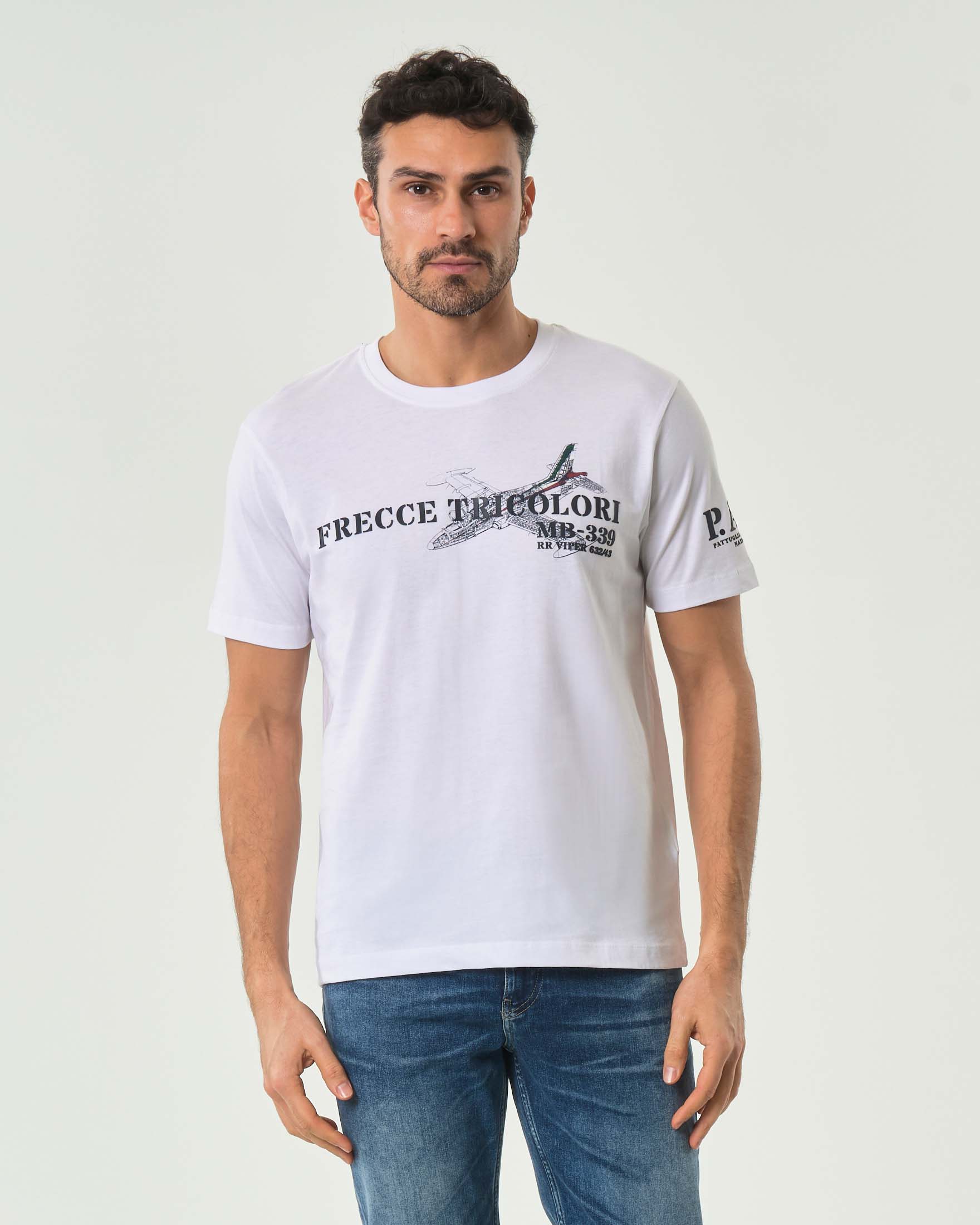 T-shirt Aeronautica Militare bianca mezza manica in puro cotone con stampa MB-339