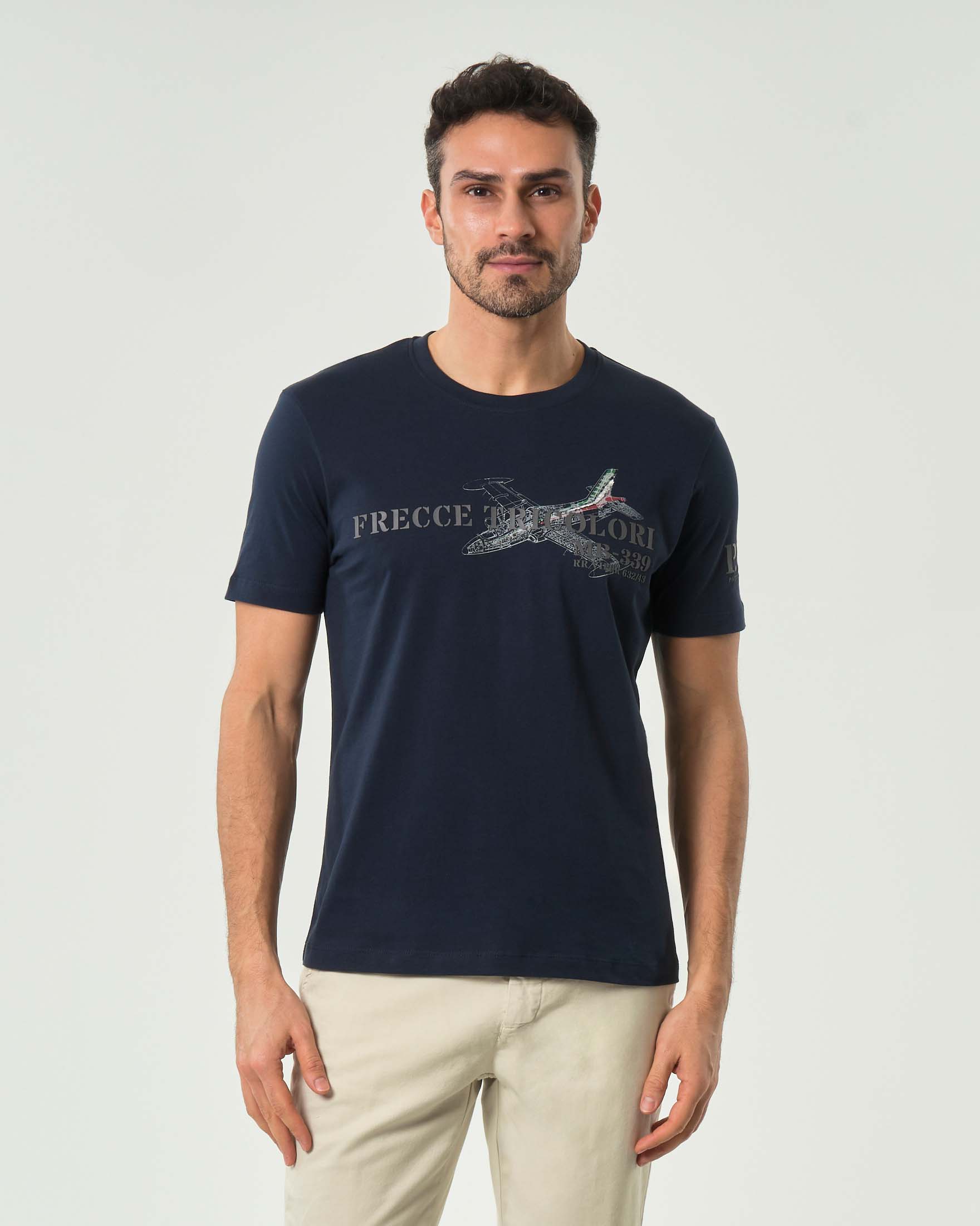 T-shirt Aeronautica Militare blu mezza manica in puro cotone con stampa MB-339