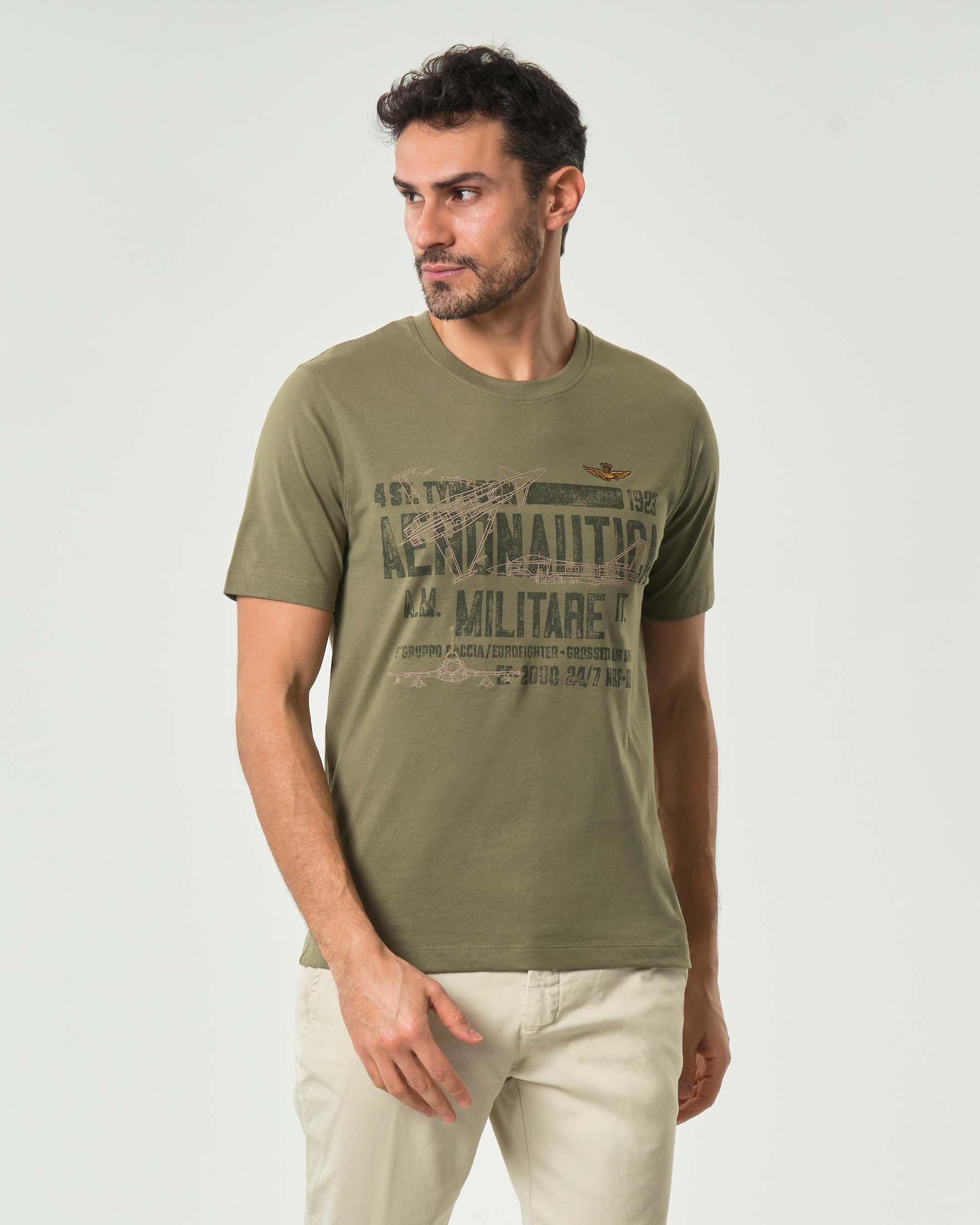 T-shirt Aeronautica verde militare mezza manica in puro cotone con stampa 4° Stormo