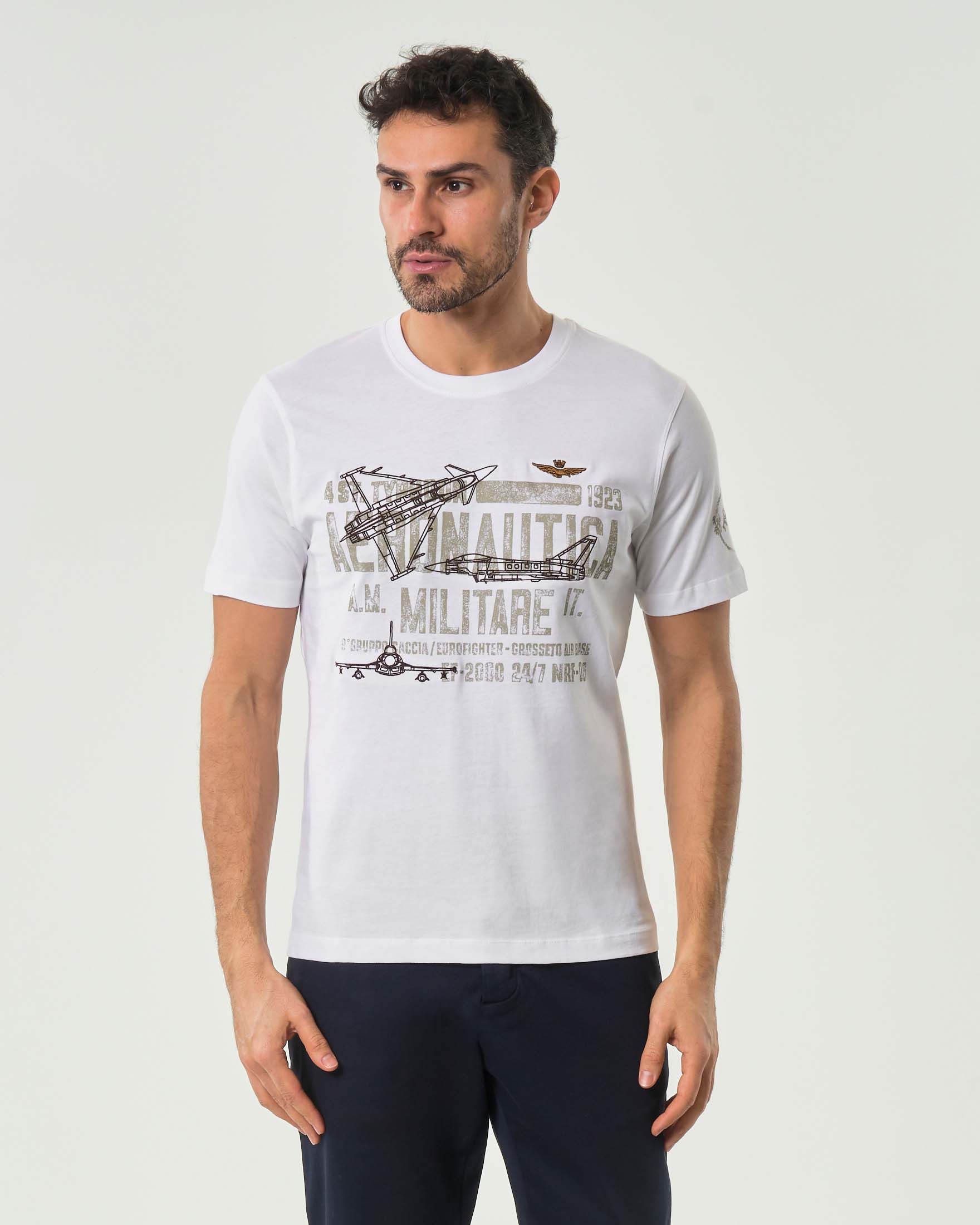 T-shirt Aeronautica Militare bianca mezza manica in puro cotone con stampa 4° Stormo