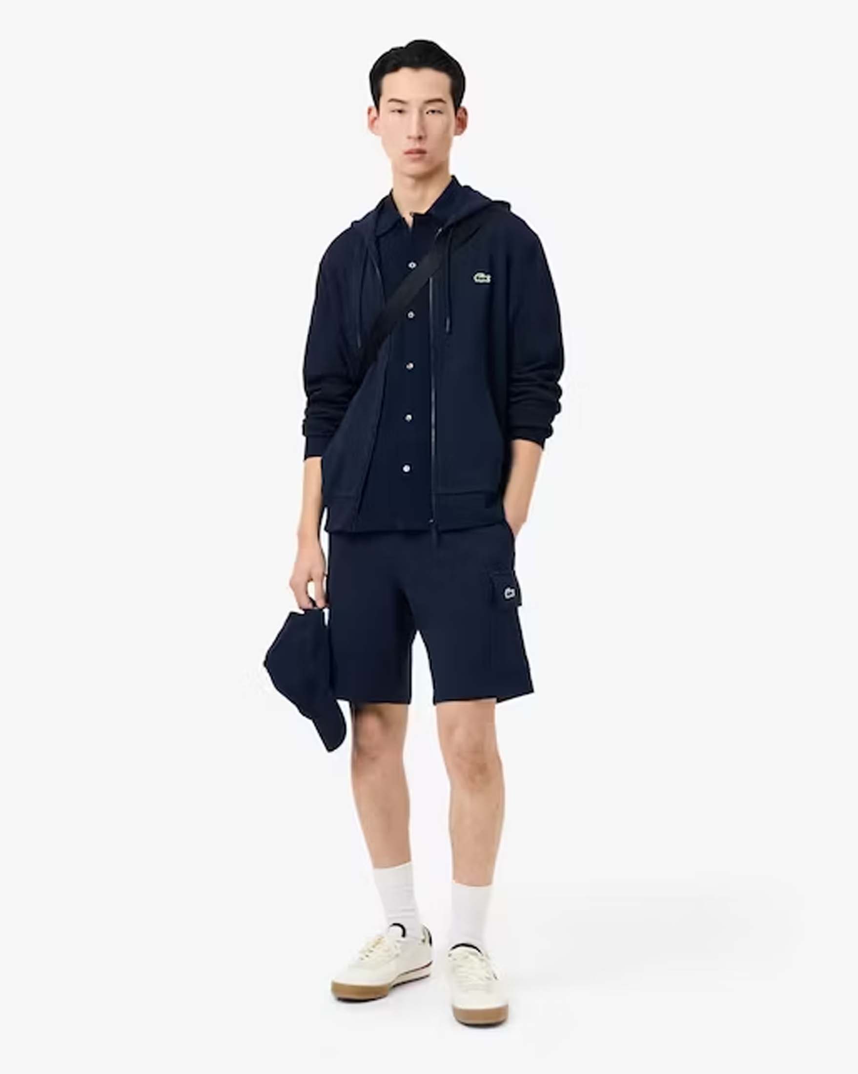 Felpa blu con cappuccio e chiusura zip in puro cotone con logo coccodrillo verde