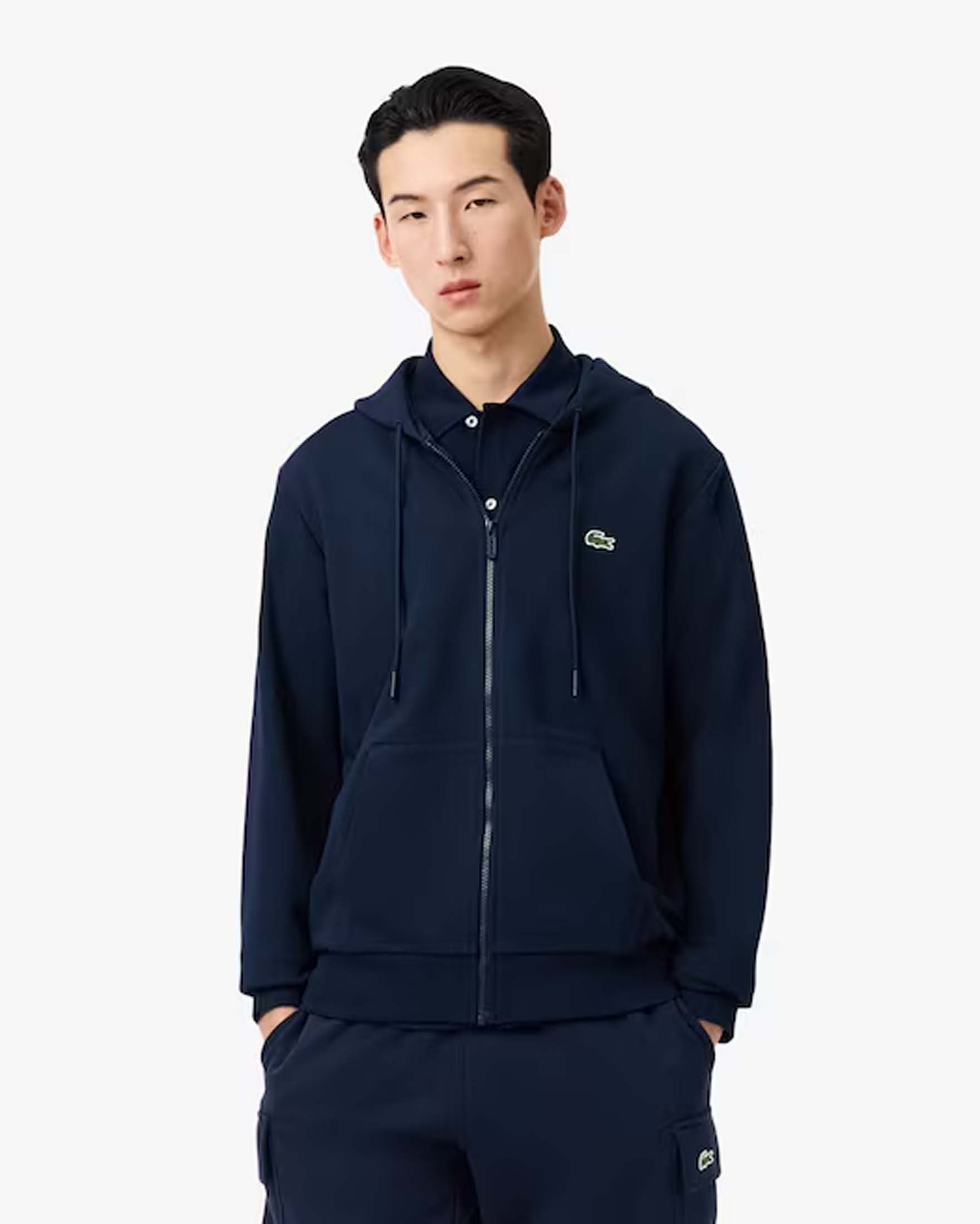 Felpa Lacoste blu con cappuccio e chiusura zip in puro cotone con logo coccodrillo verde image