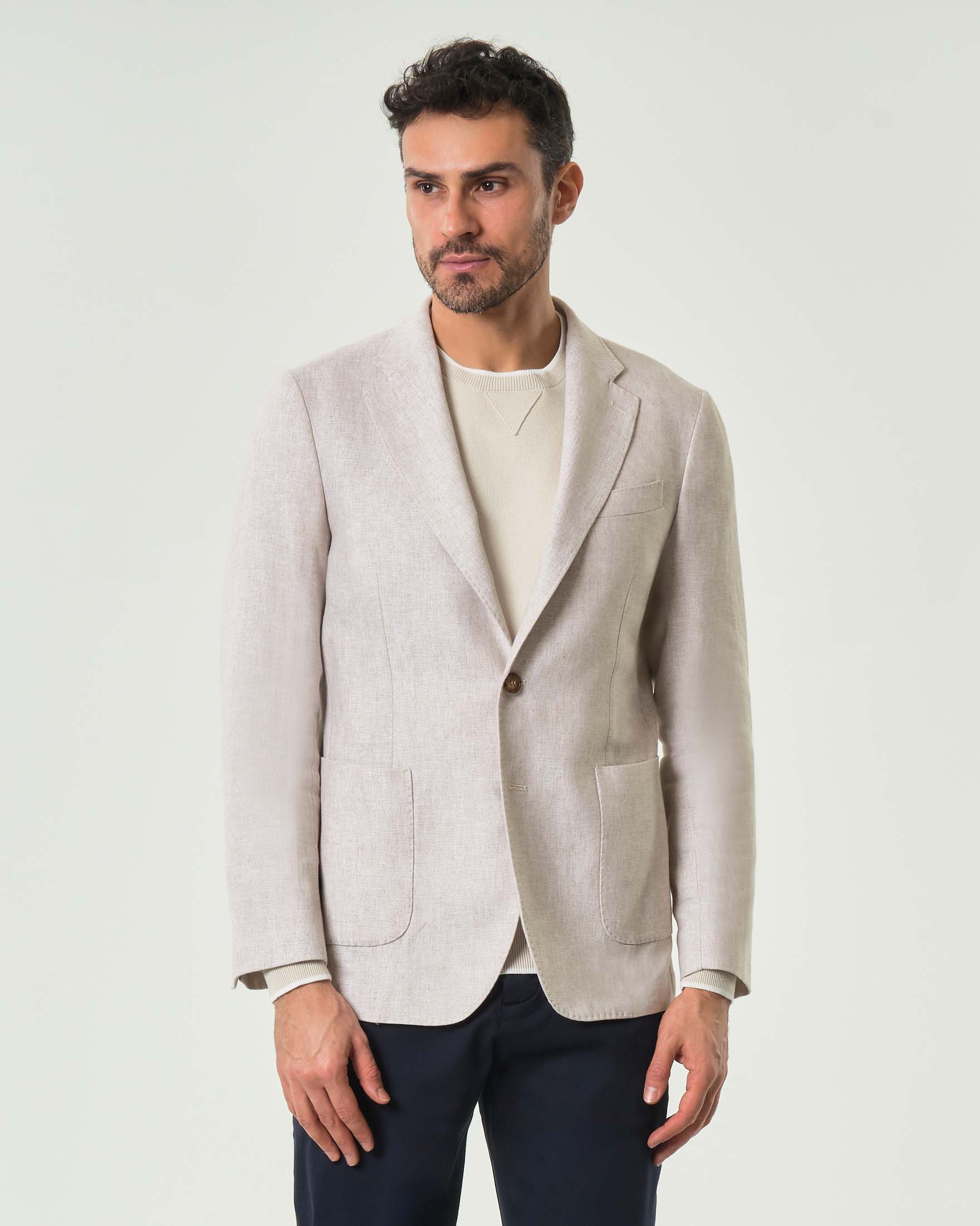 Blazer Ashki.i beige in tessuto diagonale di misto cotone e lino con tasche applicate image