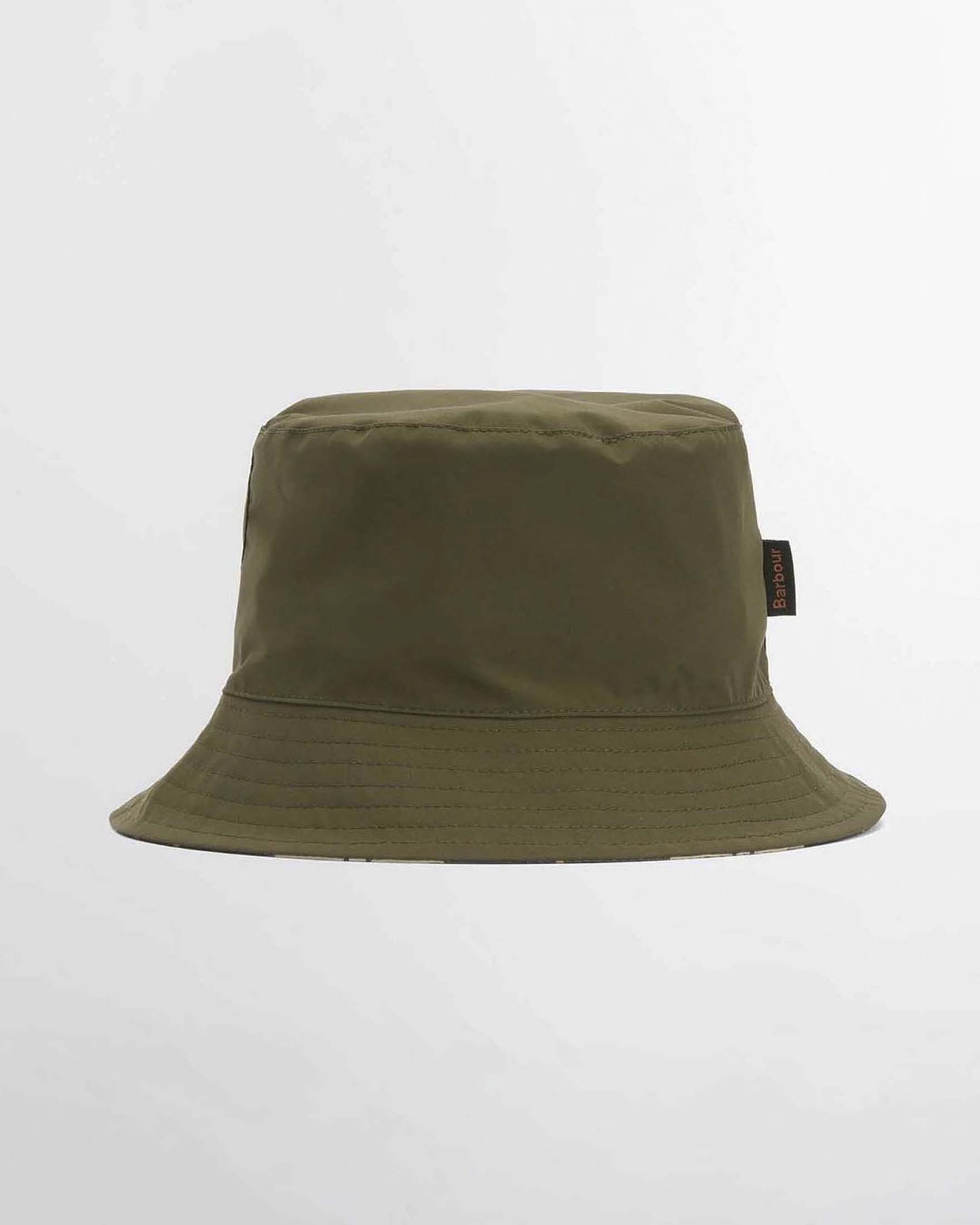 Cappello a pescatore Hutton Barbour verde militare in tessuto impermeabile reversibile in tartan check