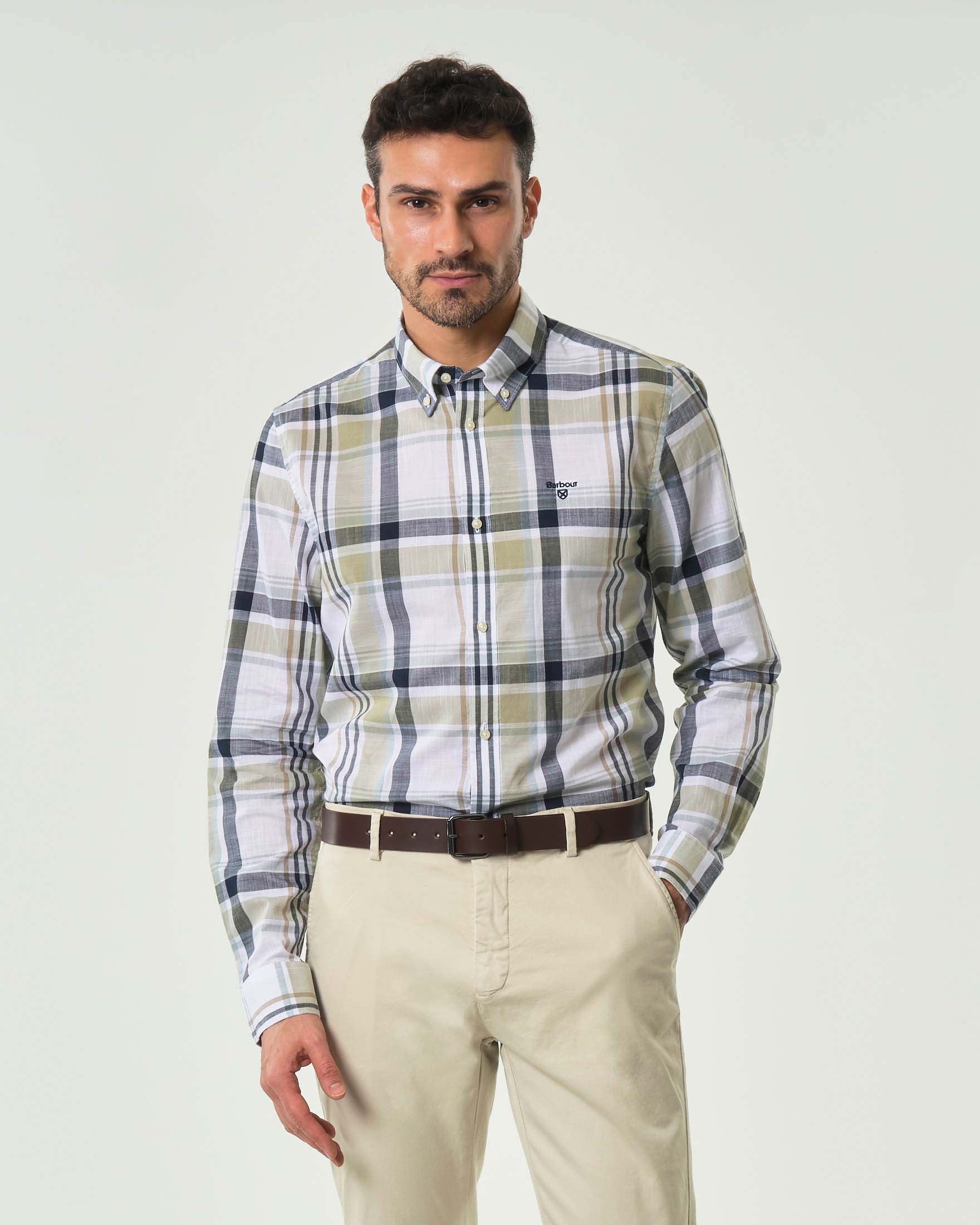 Camicia Kidd tailored-fit button down in fantasia tartan check verde oliva e bianca