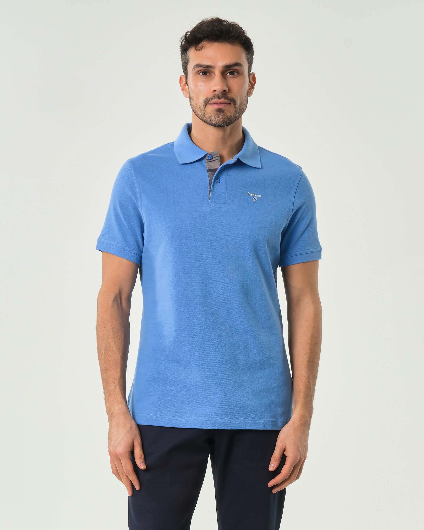 Barbour — Polo mezza manica Barbour celeste in piquè di cotone con dettaglio tartan check