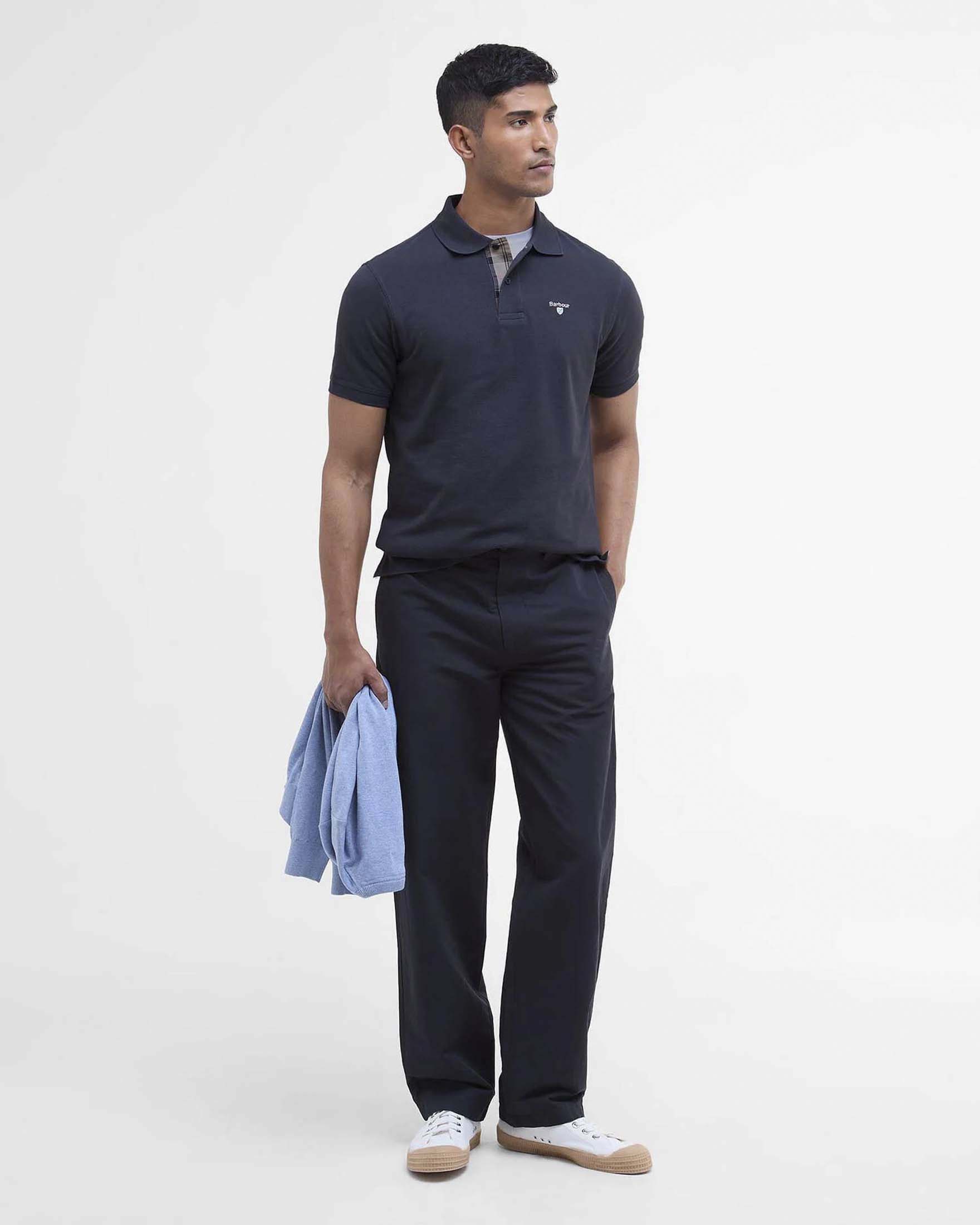 Polo mezza manica indaco in piquè di cotone con dettaglio tartan check