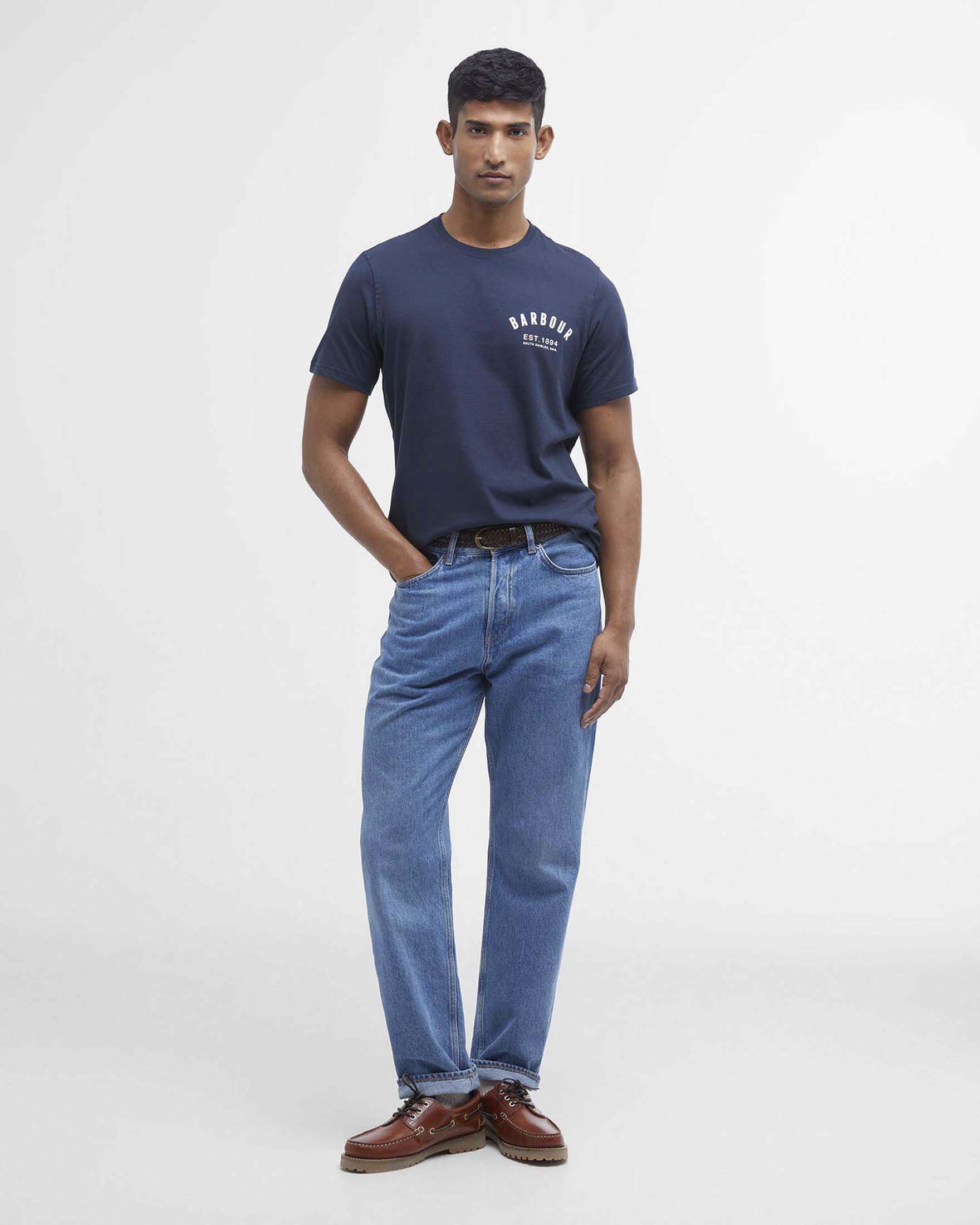 T-shirt Preppy mezza manica Barbour blu in jersey di puro cotone con logo stampato al petto