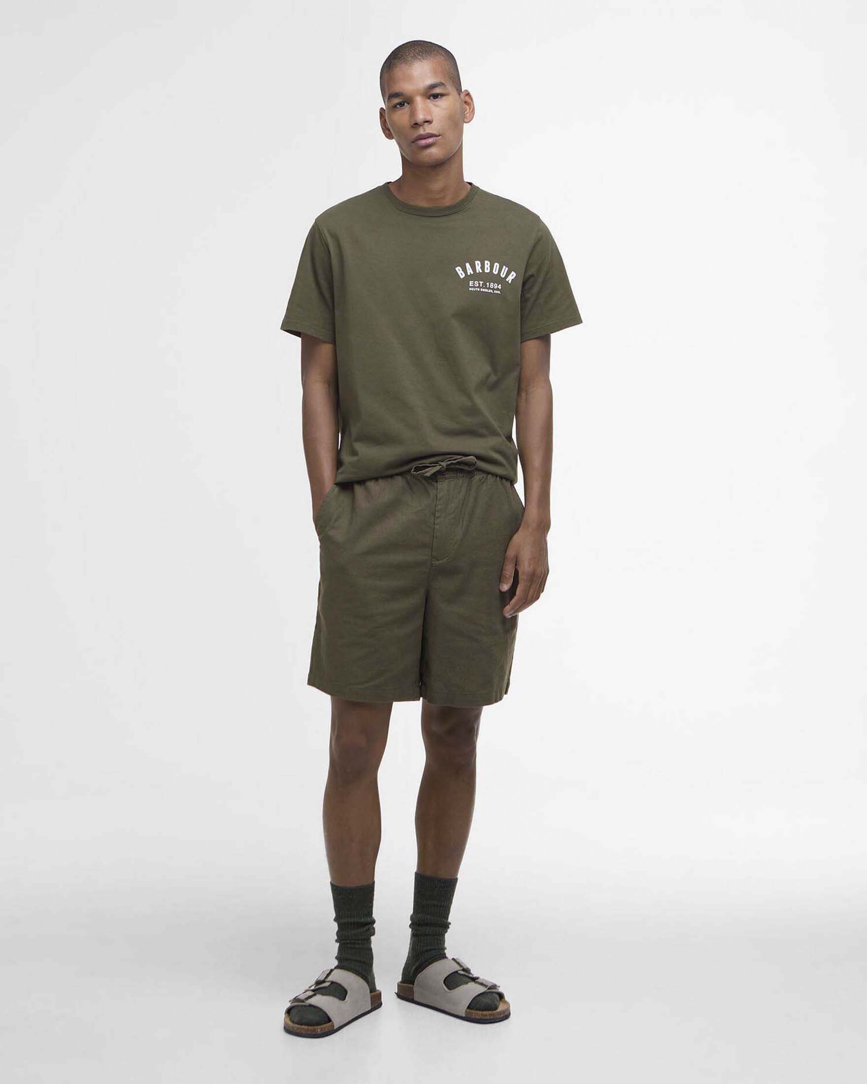 T-shirt Preppy mezza manica Barbour verde militare in jersey di puro cotone con logo stampato al petto