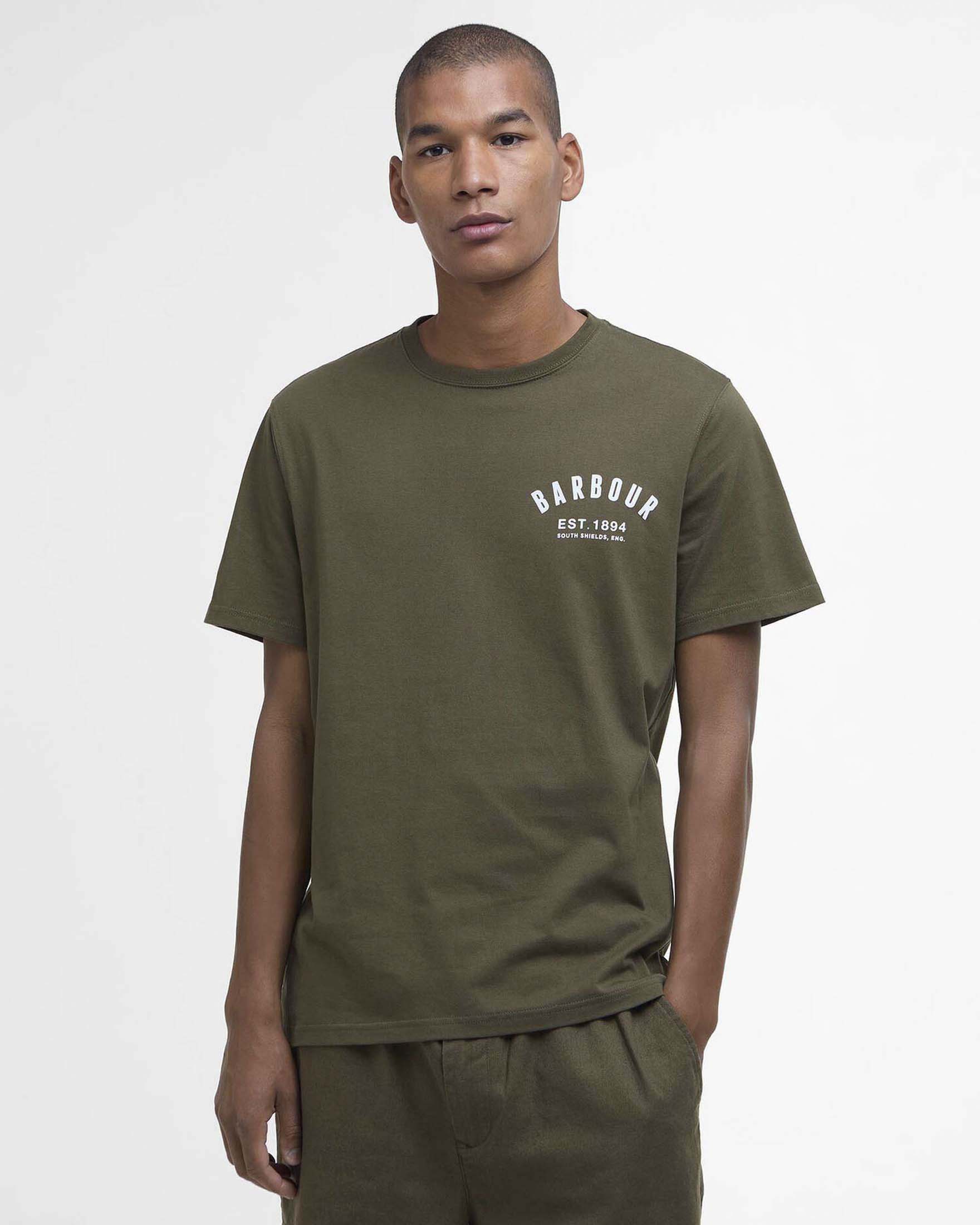 T-shirt Preppy mezza manica Barbour verde militare in jersey di puro cotone con logo stampato al petto image