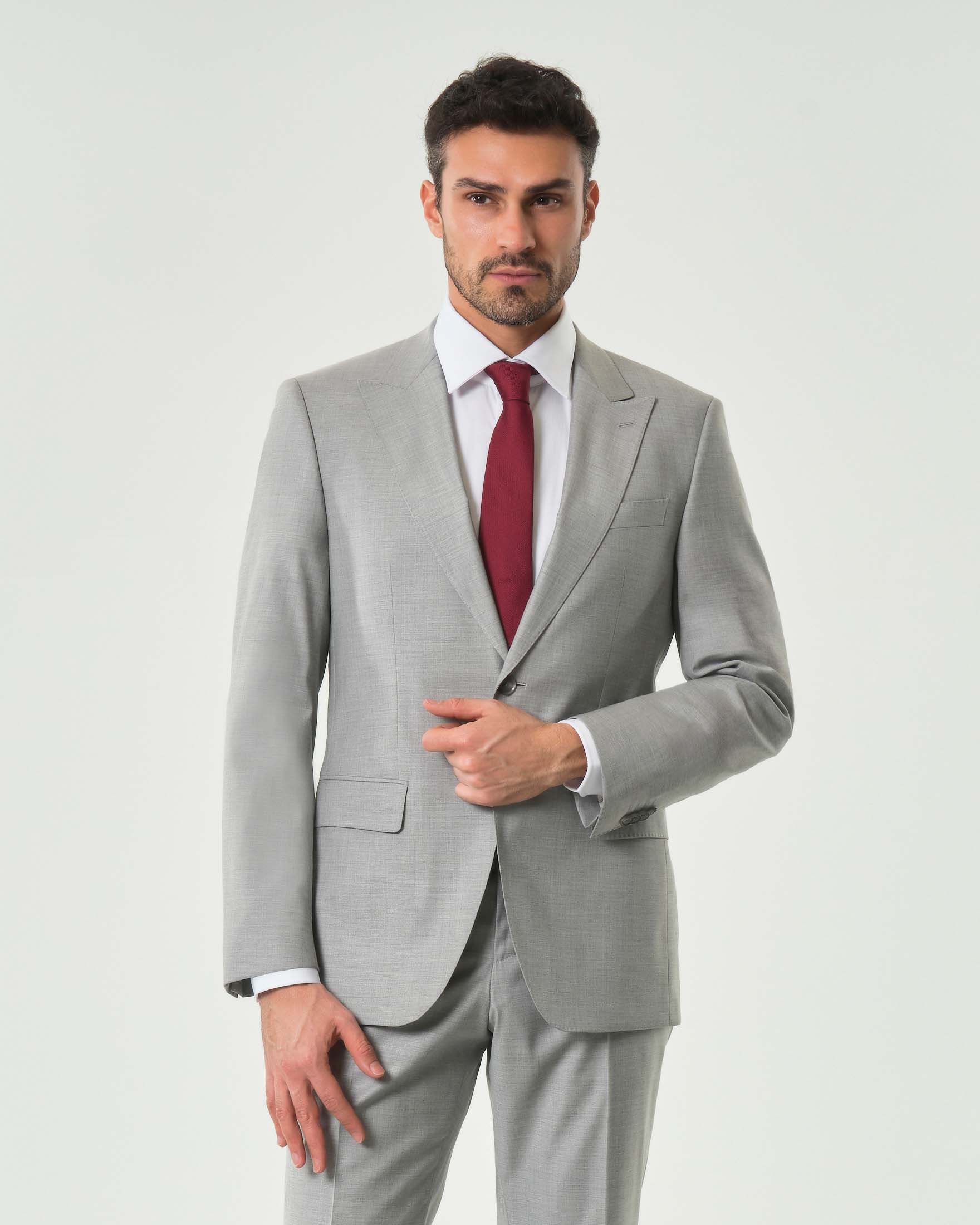 Abito Boss Huge grigio slim-fit in tela di lana stretch effetto fiammato image