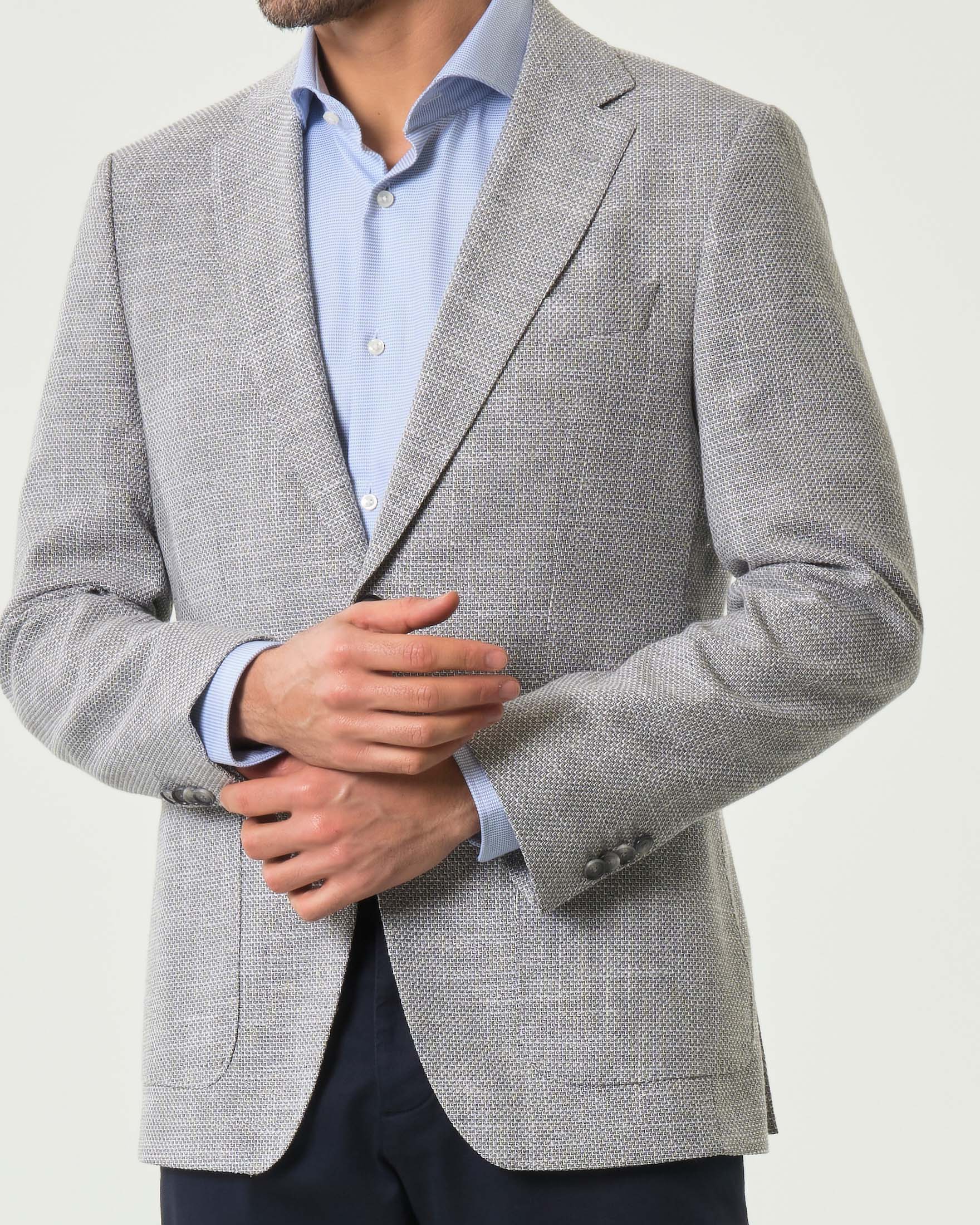 Blazer Boss Hutson grigio in misto cotone e lino armaturato