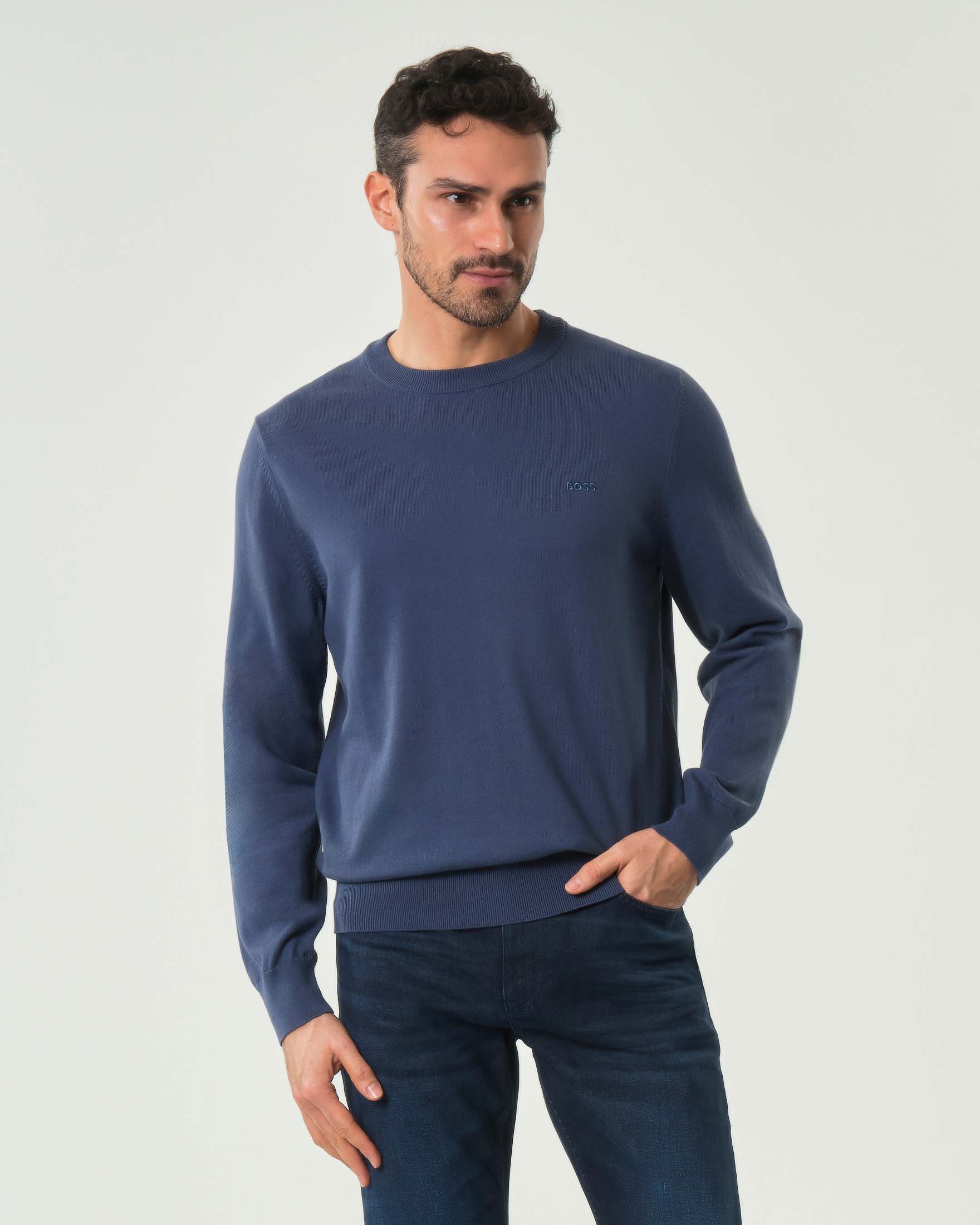 Maglia girocollo Upacas Boss blu indaco in puro cotone con logo ricamato in tono sul petto