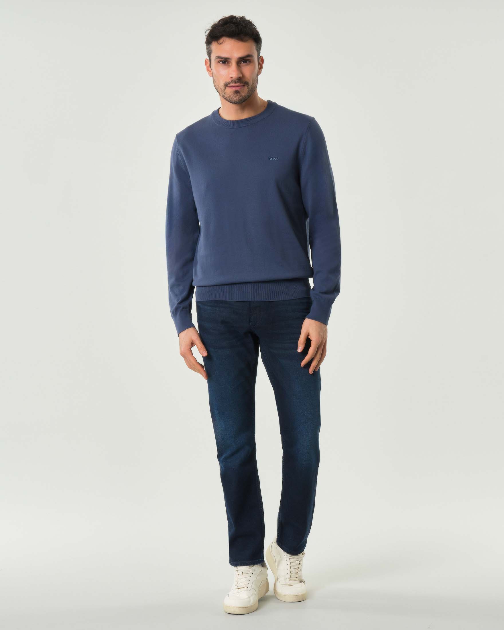 Maglia girocollo Upacas Boss blu indaco in puro cotone con logo ricamato in tono sul petto image