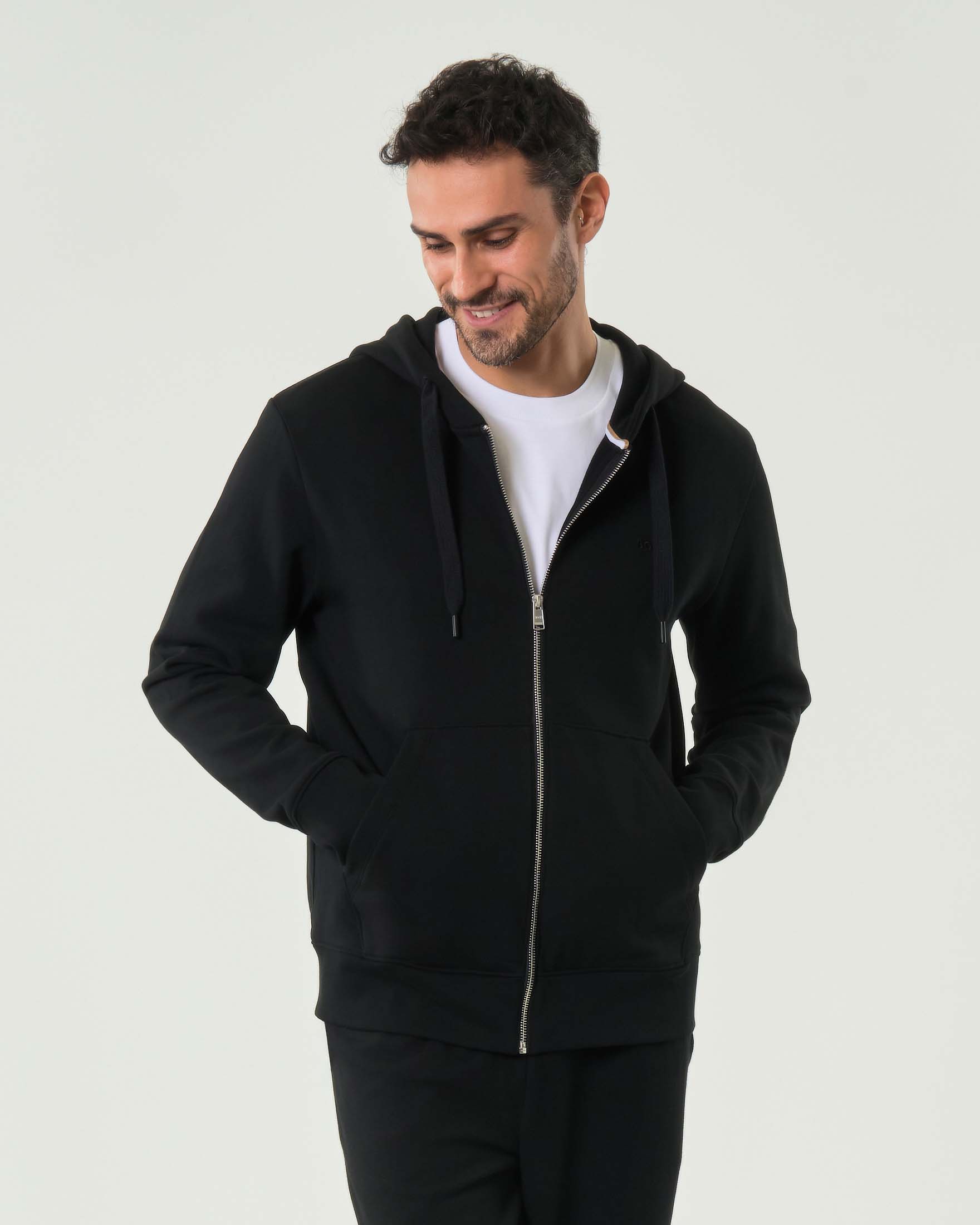 Felpa Boss nera con cappuccio e chiusura zip in puro cotone