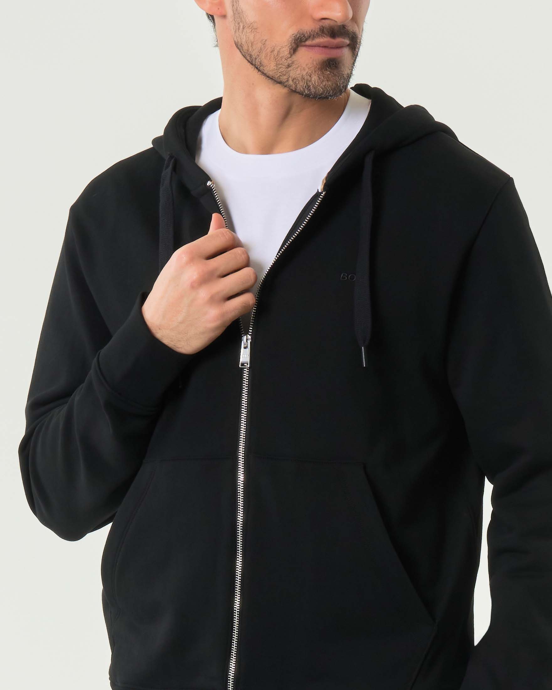 Felpa Boss nera con cappuccio e chiusura zip in puro cotone