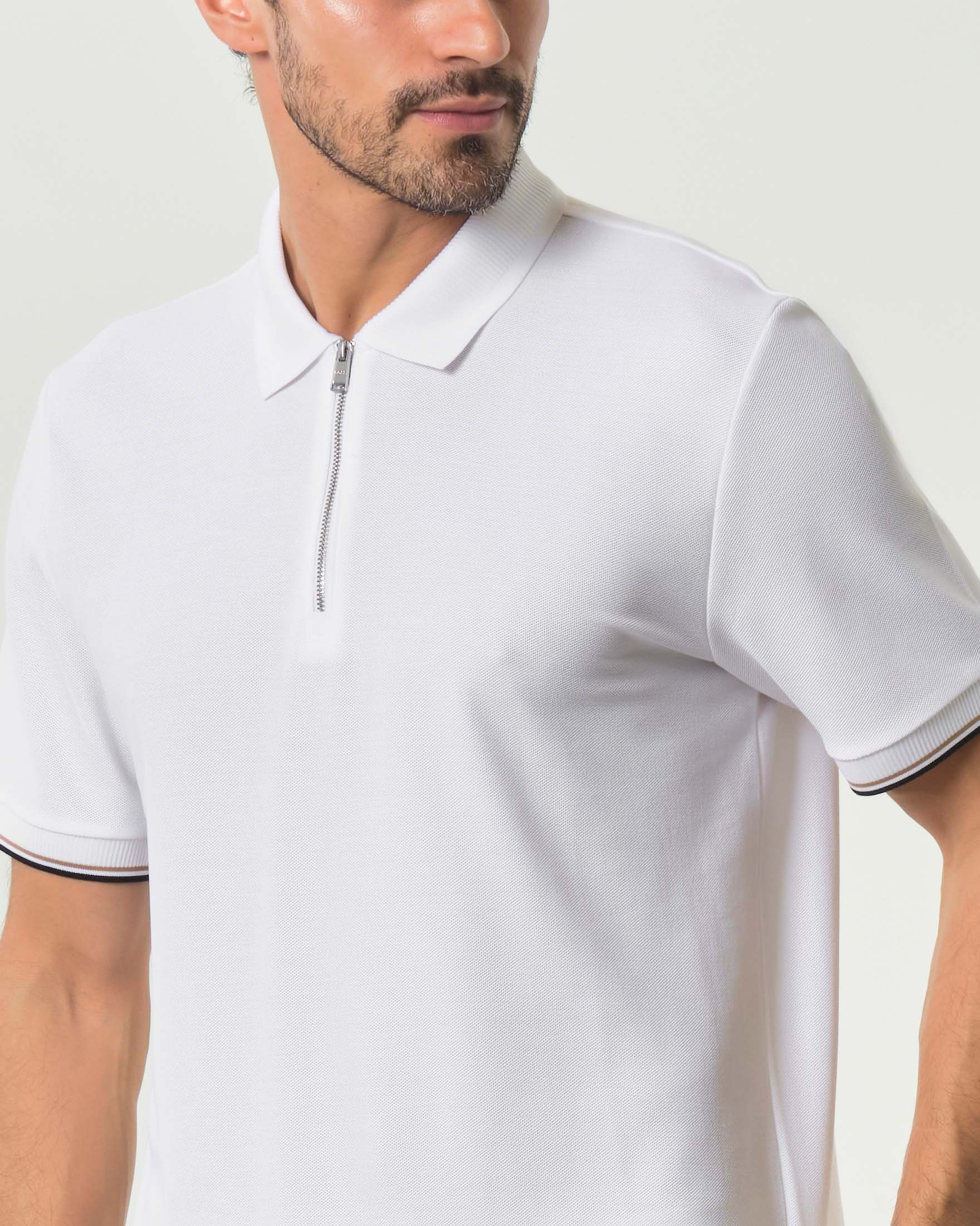 Polo mezza manica Boss bianca in puro cotone con apertura zip e bordino sulle maniche