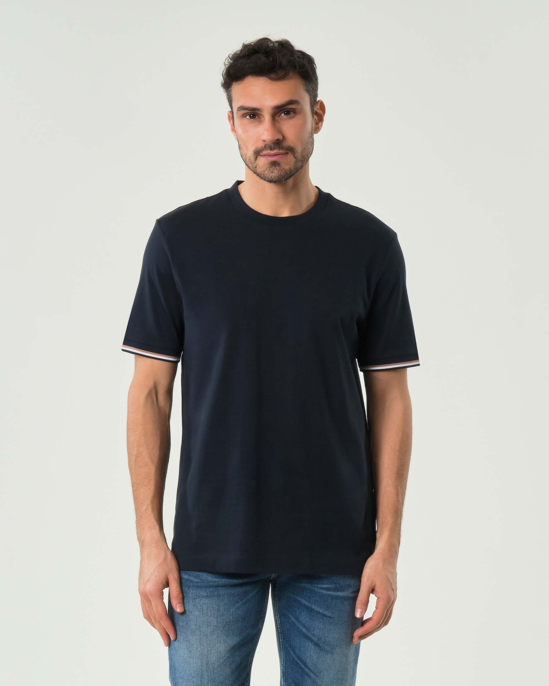 T-shirt Thompson Boss blu mezza manica in puro cotone con bordino tricolore