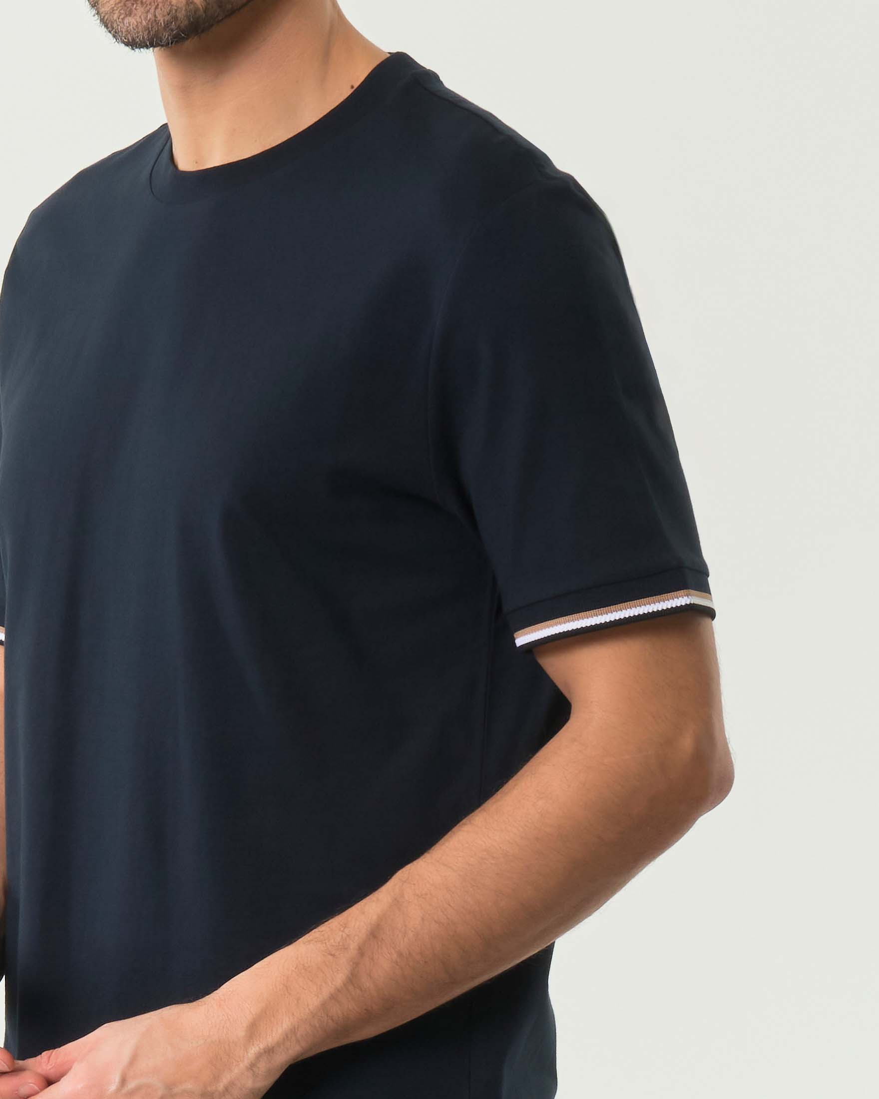 T-shirt Thompson Boss blu mezza manica in puro cotone con bordino tricolore image