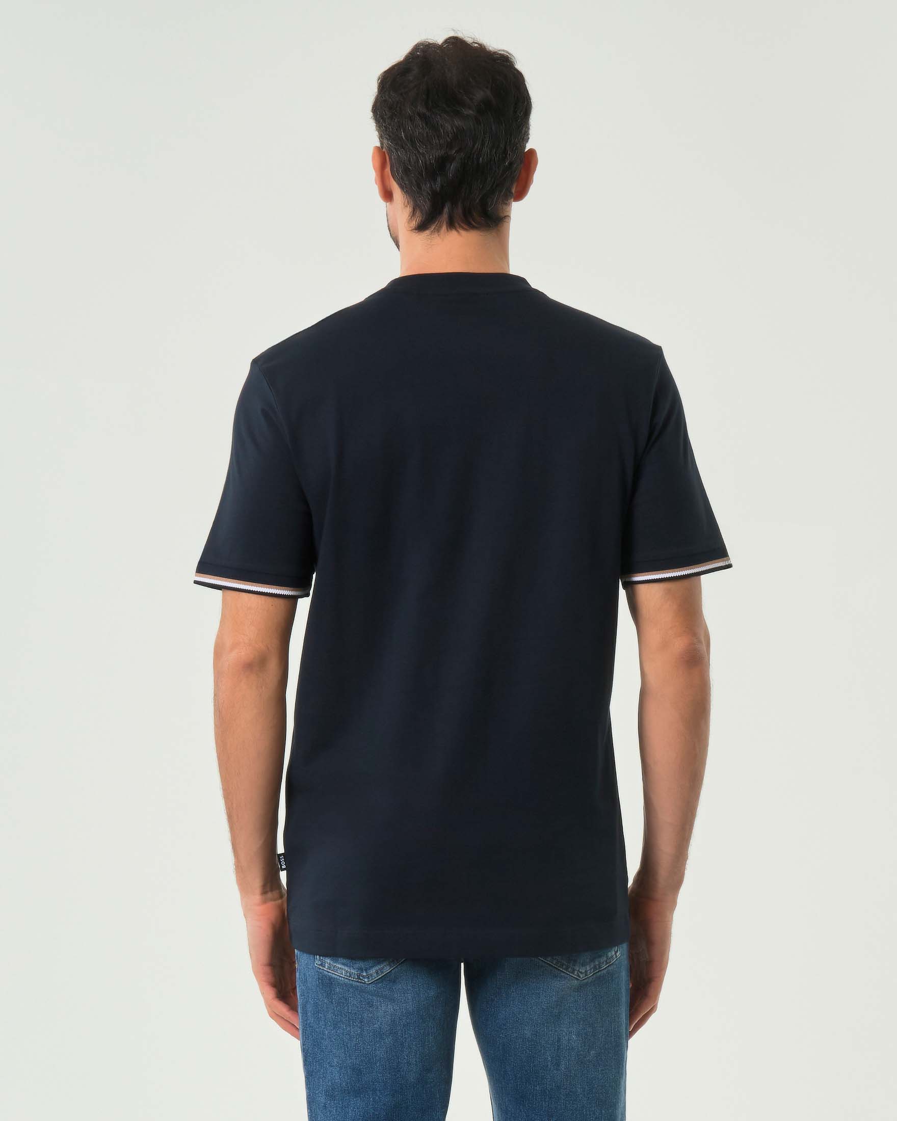 T-shirt Thompson Boss blu mezza manica in puro cotone con bordino tricolore