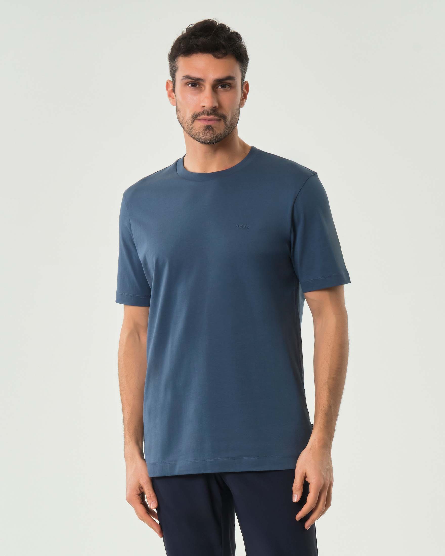 T-shirt Thompson Boss blu indaco mezza manica in puro cotone