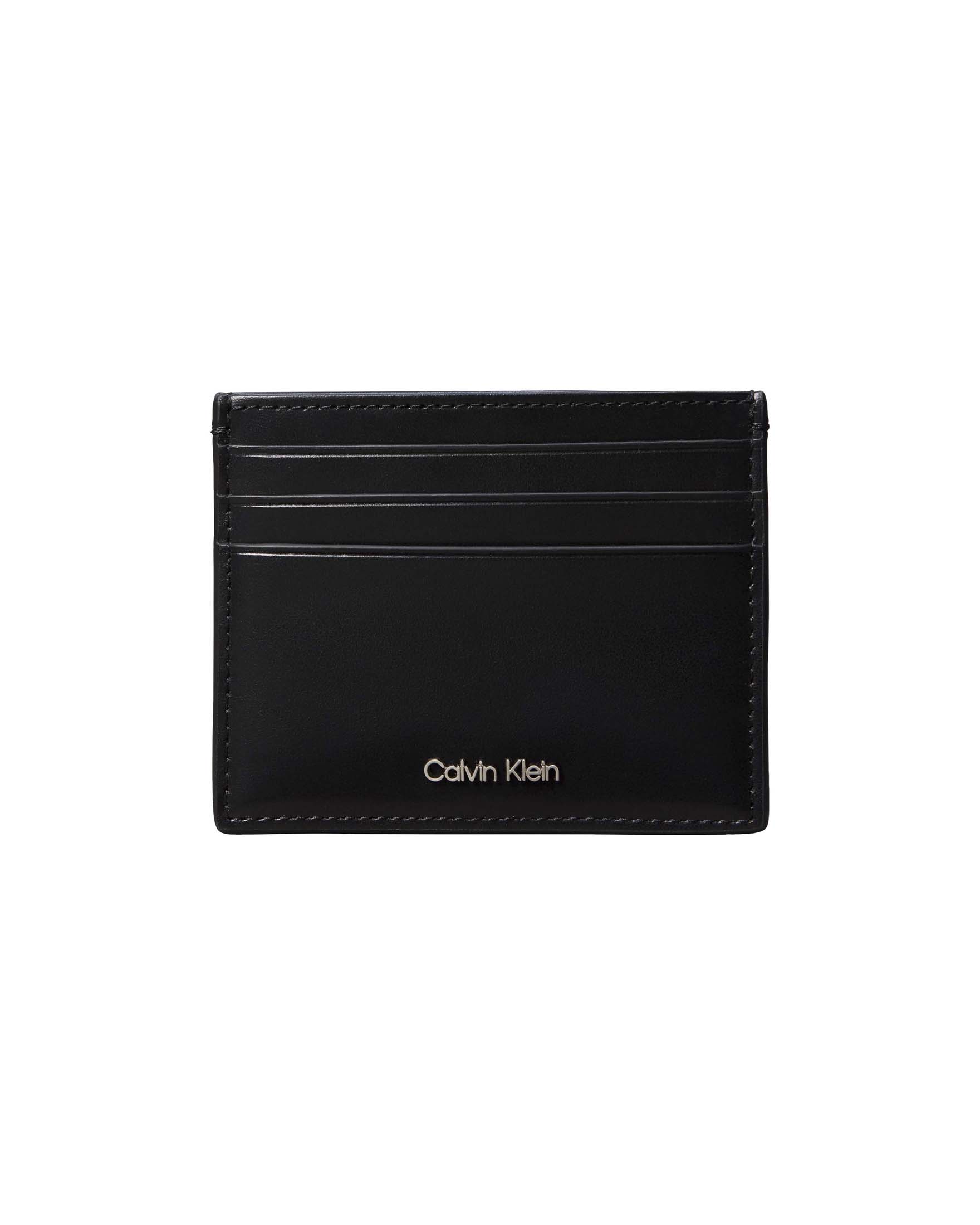 Portacarte Calvin Klein Jeans nero in pelle con logo metallico frontale