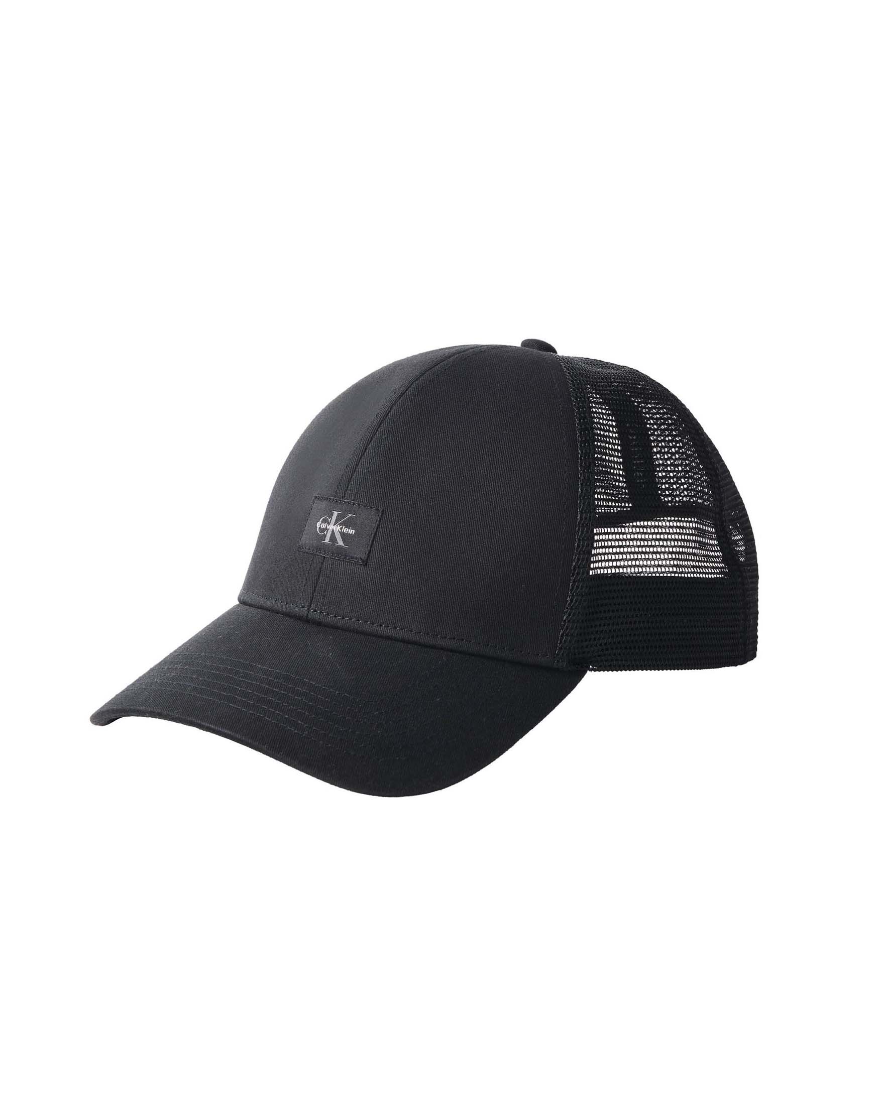 Berretto trucker Calvin Klein Jeans nero in cotone con logo stampato e retro in mesh