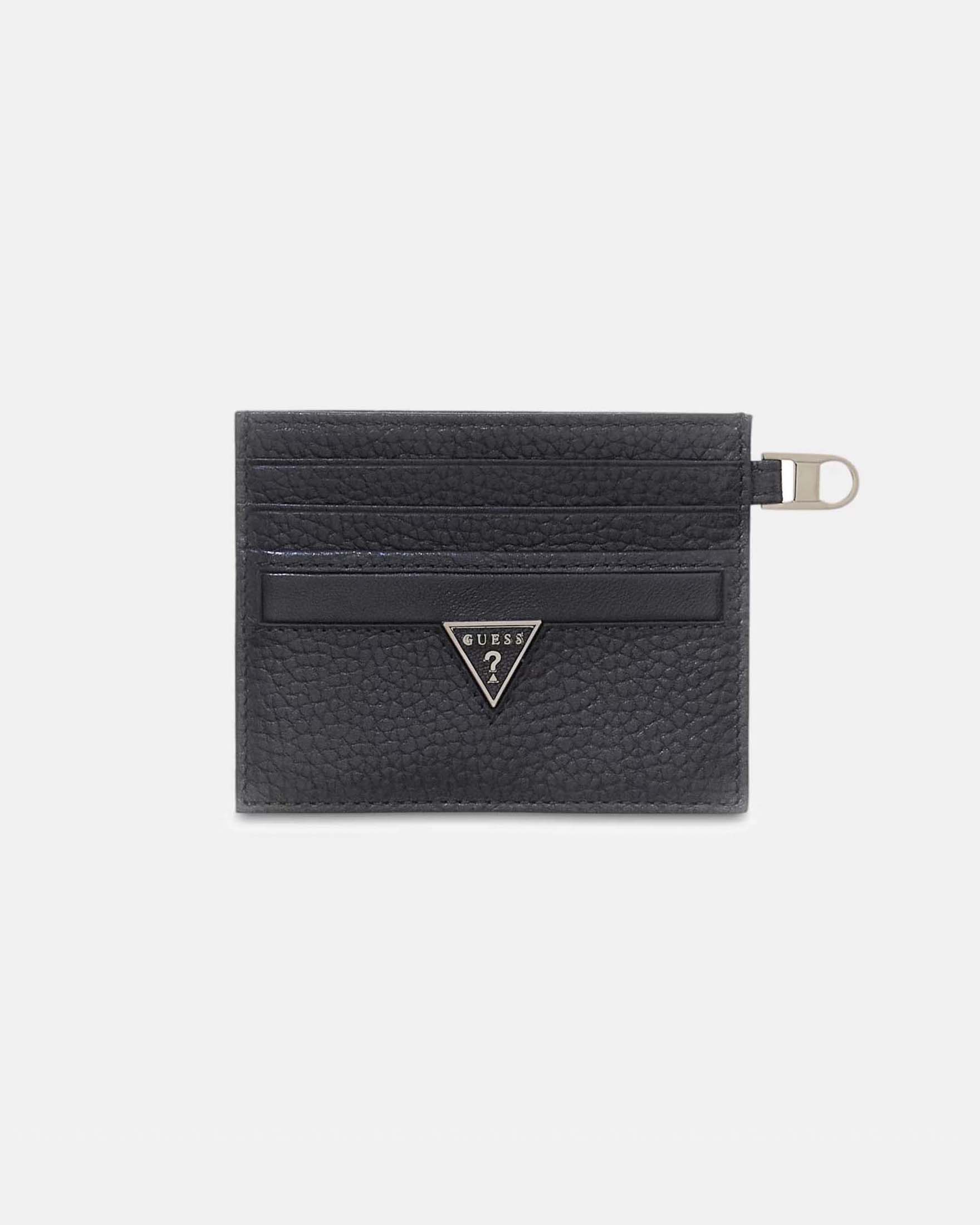 Portacarte nero in pelle con logo metallico e dettagli in metallo argentato
