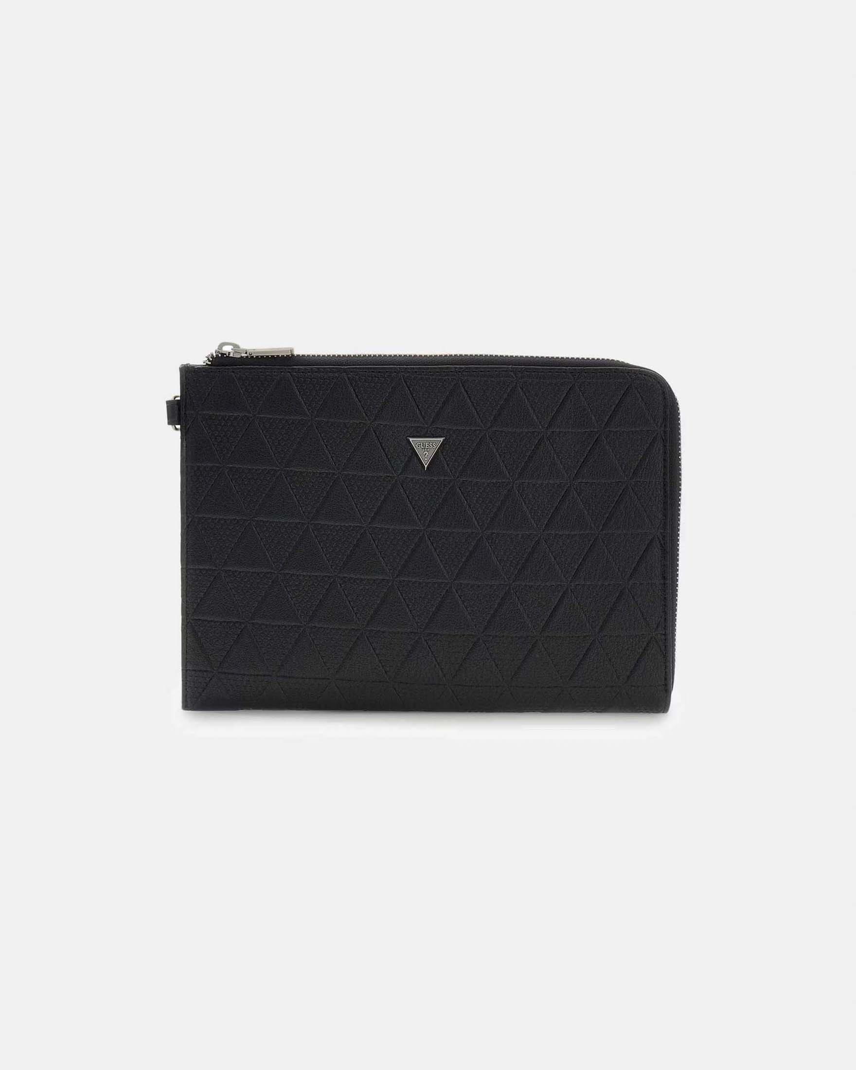 Clutch nera in similpelle con stampa geometrica e logo frontale in metallo
