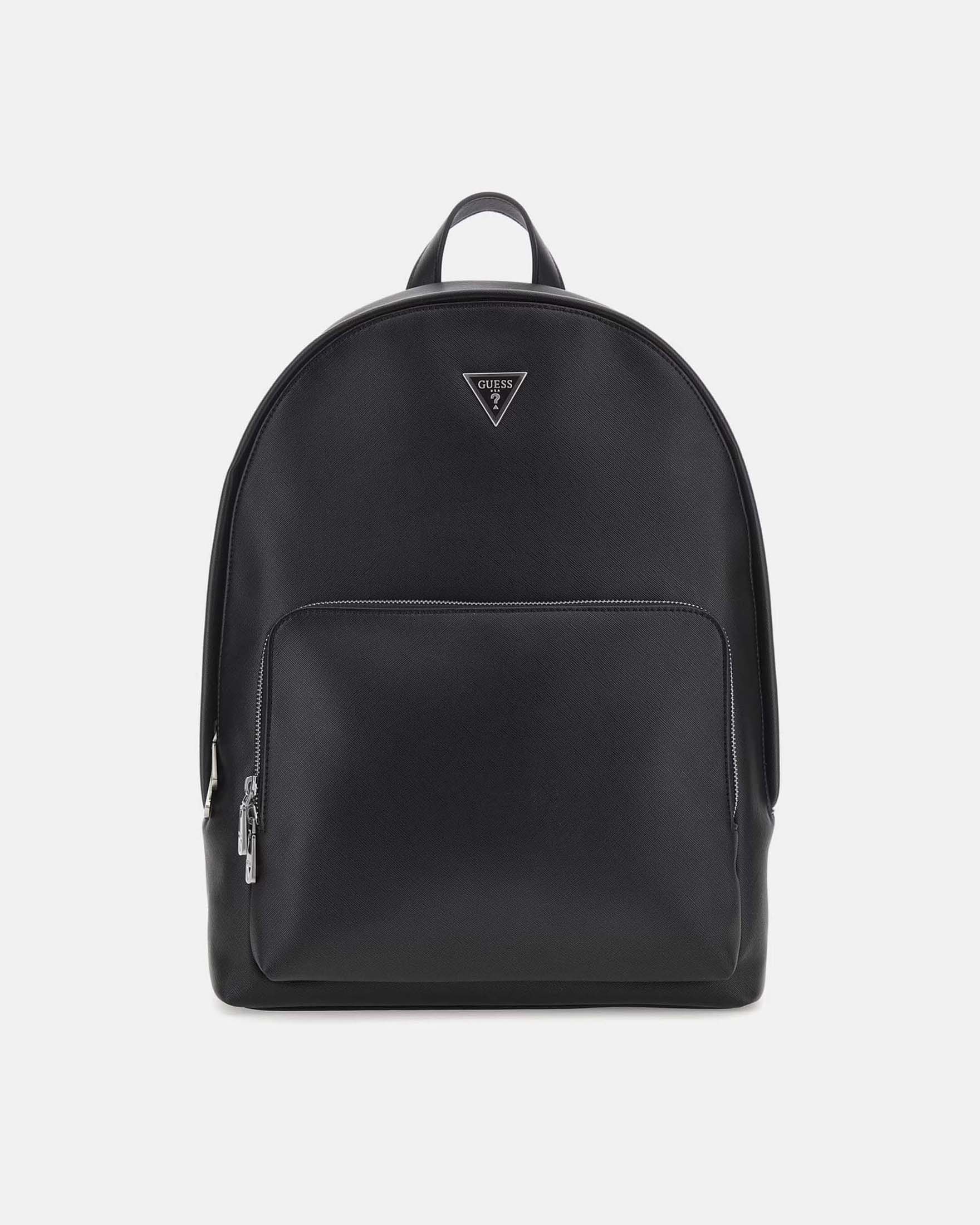 Zaino nero in similpelle con logo frontale e finitura saffiano
