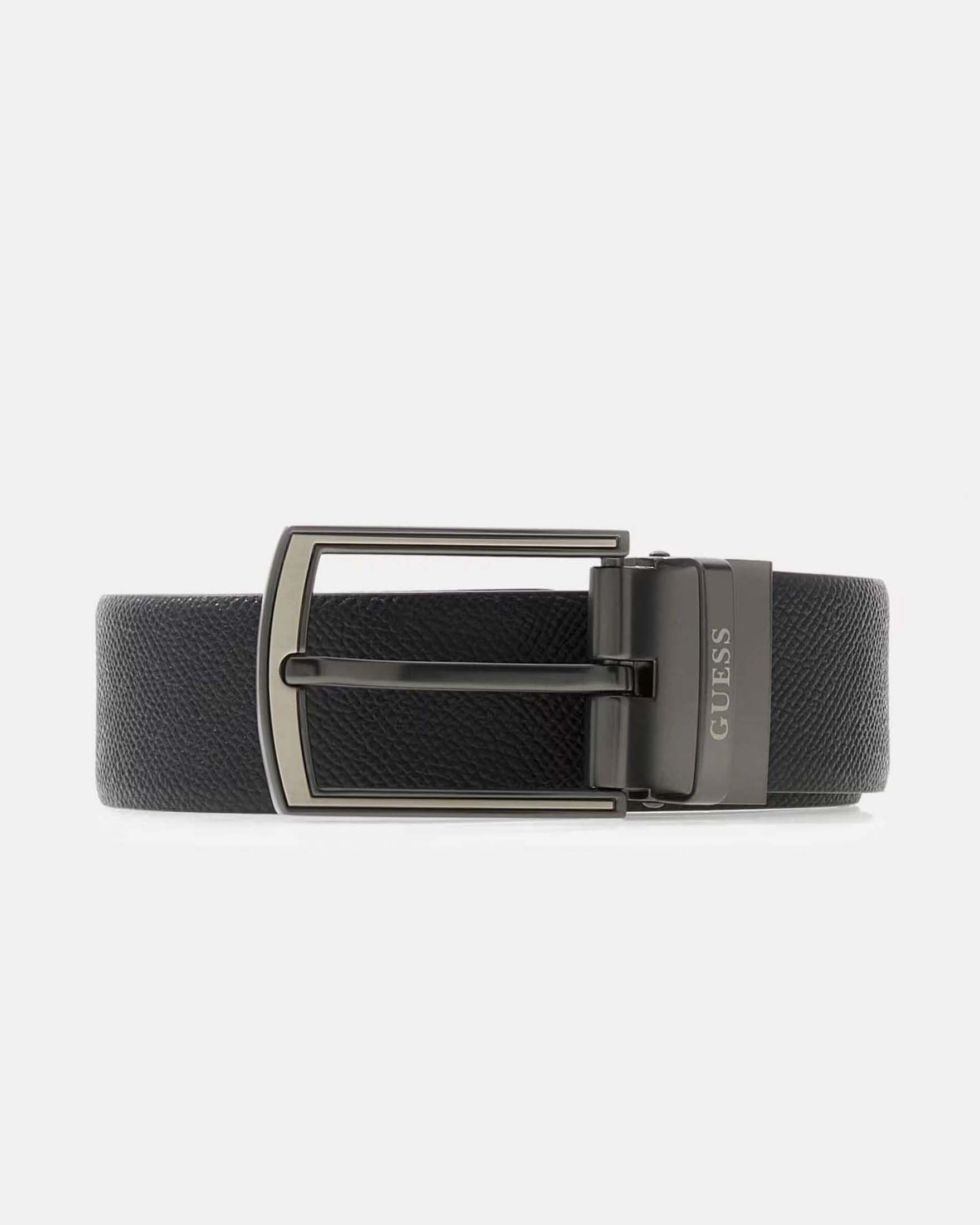 Cintura nera in pelle martellata reversibile in pelle liscia con fibbia metallica e logo inciso