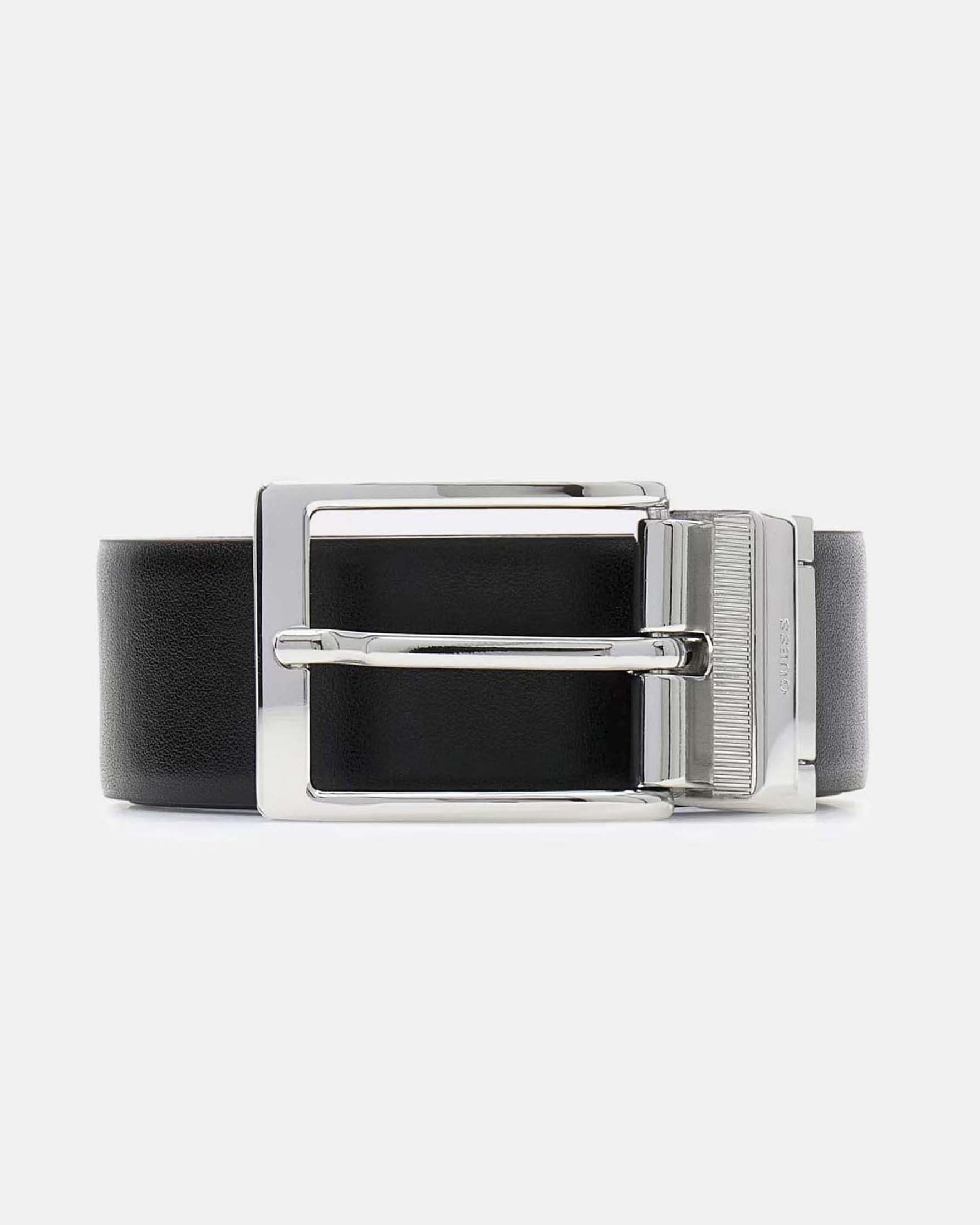 Cintura nera in pelle saffiano reversibile in pelle liscia con fibbia argento e logo inciso