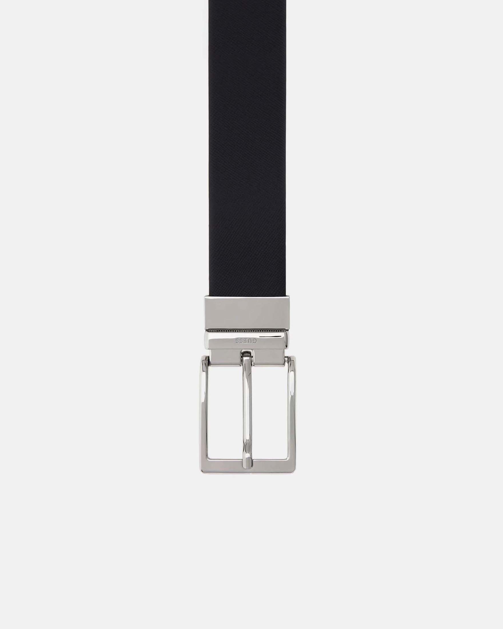 Cintura Guess nera in pelle saffiano reversibile in pelle liscia con fibbia argento e logo inciso image