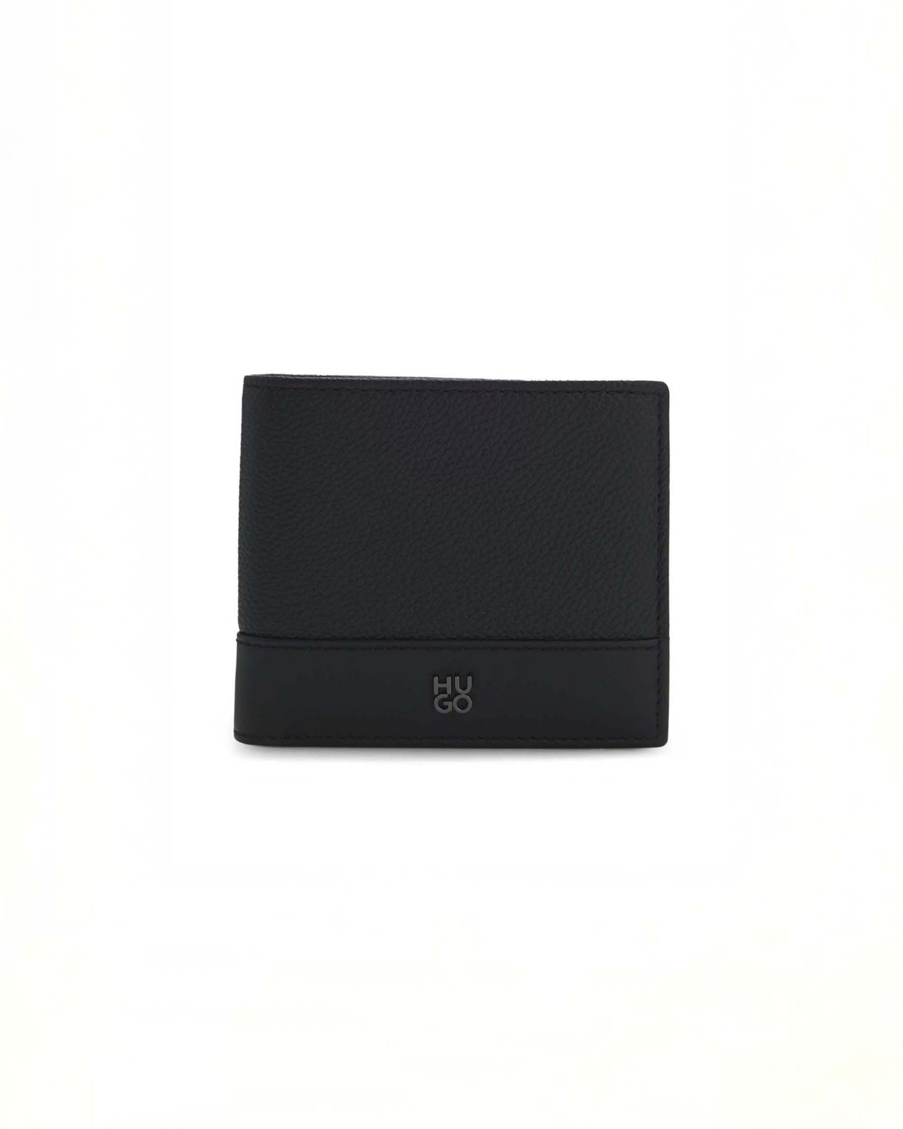 Portafoglio Hugo nero in pelle martellata con logo applicato