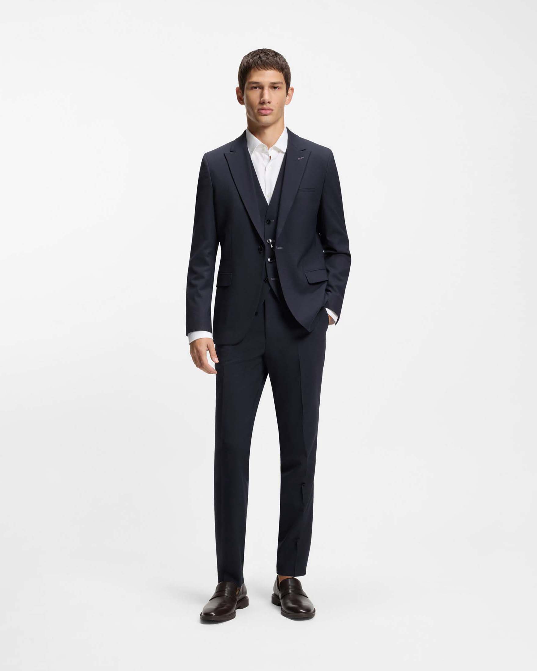 Abito tre pezzi Hugo blu scuro in misto lana elasticizzata strutturata