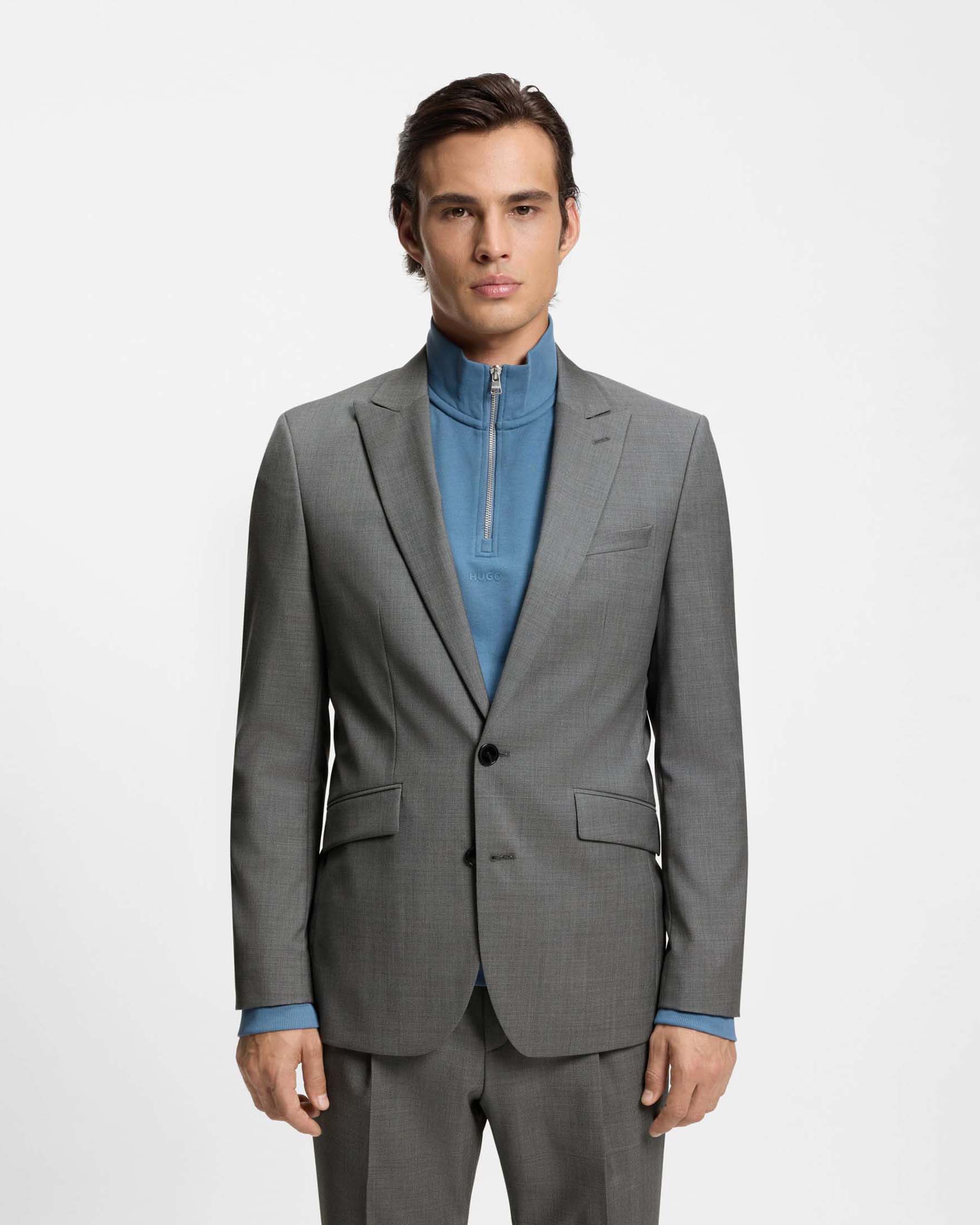 Blazer Hugo grigio medio in lana vergine con micro fantasia