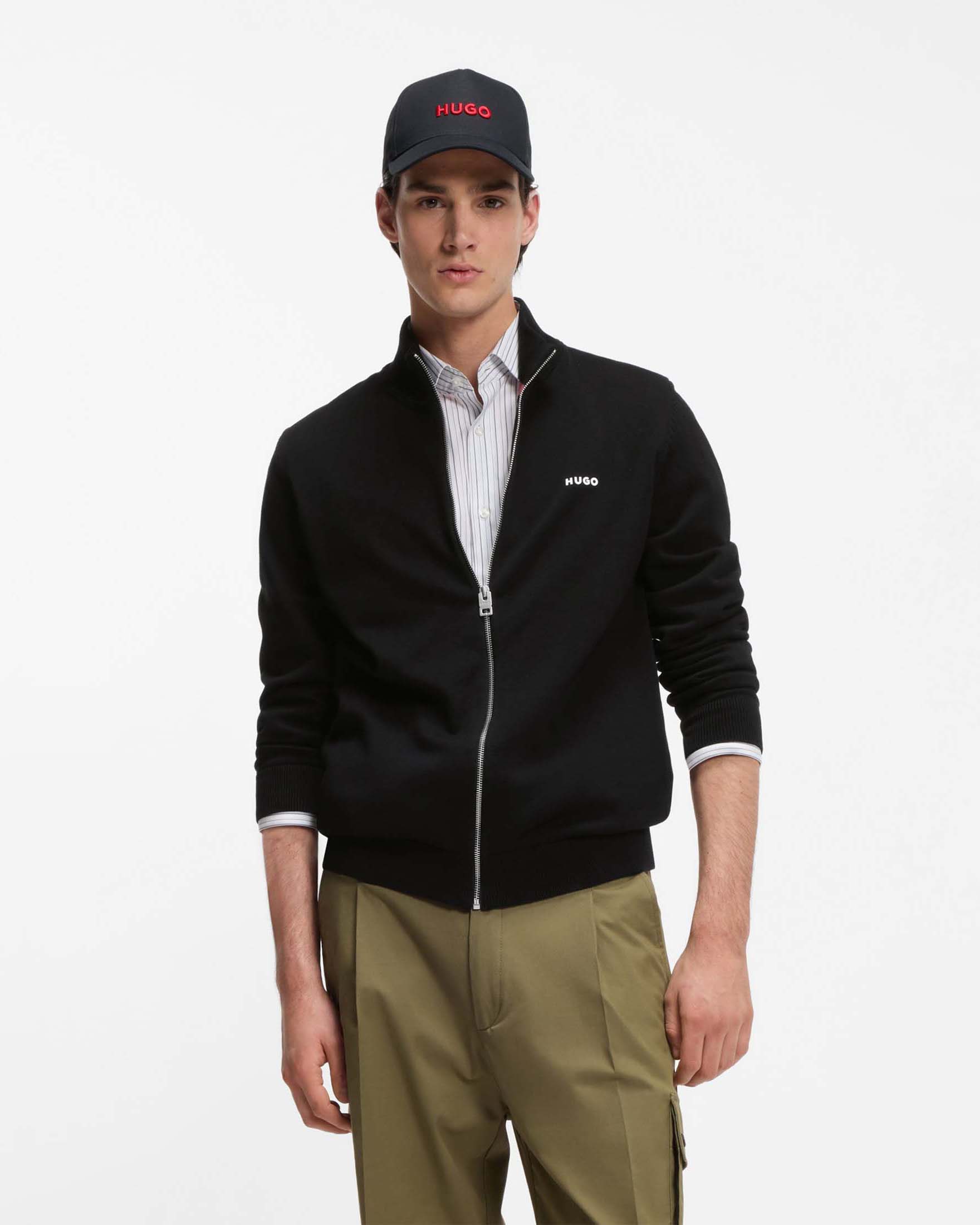 Cardigan Hugo nero in cotone con logo stampato e chiusura zip